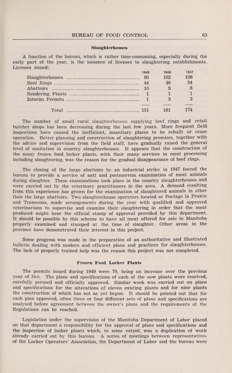 Slaughterhouses A function of the bureau, which is rather time-consuming, especially during the early part of the year, is the issuance of licenses to slaughtering establishments. Licenses issued: 1949 1948 1947 Slaughterhouses . 95 102 108 Beef Rings . 44 46 54 Abattoirs . 10 9 8 Rendering Plants . Ill Interim Permits . 13 3 Total .. 151 161 174 The number of small rural slaughterhouses supplying beef rings and retail butcher shops has been decreasing during the last few years. More frequent field inspections have caused the inefficient, insanitary places to be rebuilt or cease operation. Better planning and construction of slaughtering premises, together with the advice and supervision from the field staff, have gradually raised the general level of sanitation in country slaughterhouses. It appears that the construction of the many frozen food locker plants, with their many services in meat processing including slaughtering, was the reason for the gradual disappearance of beef rings. The closing of the large abattoirs by an industrial strike in 1947 forced the bureau to provide a service of anti and postmortem examination of meat animals during slaughter. These examinations took place in the country slaughterhouses and were carried out by the veterinary practitioners in the area. A demand resulting from this experience has grown for the examination of slaughtered animals in other than the large abattoirs. Two slaughterhouse operators located at Portage la Prairie and Transcona, made arrangements during the year with qualified and approved veterinarians to supervise and examine their slaughtering in order that the meat produced might bear the official stamp of approval provided by this department. It should be possible by this scheme to have all meat offered for sale in Manitoba properly examined and stamped at the time of slaughter. Other areas in the province have demonstrated their interest in this project. Some progress was made in the preparation of an authoritative and illustrated bulletin dealing with modern and efficient plans and practices for slaughterhouses. The lack of properly trained help was the reason this project was not completed. Frozen Food Locker Plants The permits issued during 1949 were 79, being an increase over the previous year of five. The plans and specifications of each of the new plants were received, carefully perused and officially approved. Similar work was carried out on plans and specifications for the alterations of eleven existing plants and for nine plants the construction of which has not as yet begun. It should be pointed out that for each plan approved, often three or four different sets of plans and specifications are analysed before agreement between the owner’s plans and the requirements of the Regulations can be reached. Legislation under the supervision of the Manitoba Department of Labor placed on that department a responsibility for the approval of plans and specifications and the inspection of locker plants which, to some extent, was a duplication of work already carried out by this bureau. A series of meetings between representatives of the Locker Operators’ Association, the Department of Labor and the bureau were