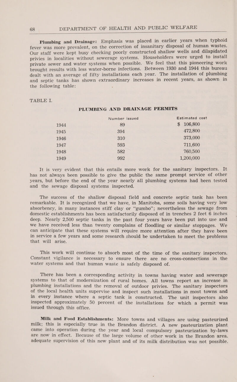Plumbing and Drainage! Emphasis was placed in earlier ^ears when typhoid fever was more prevalent, on the correction of insanitary disposal of human wastes. Our staff were kept busy checking poorly constructed shallow wells and dilapidated privies in localities without sewerage systems. Householders were urged to install private sewer and water systems when possible. We feel that this pioneering w7ork brought results with less water-borne infections. Between 1930 and 1944 this bureau dealt with an average of fifty installations each year. The installation of plumbing and septic tanks has shown extraordinary increases in recent years, as shown in the following table: TABLE I. PLUMBING AND DRAINAGE PERMITS Number issued Estimated cost 1944 89 $ 106,800 1945 394 472,800 1946 310 373,000 1947 593 711,600 1948 582 760,500 1949 992 1,200,000 It is very evident that this entails more work for the sanitary inspectors. It has not always been possible to give the public the same prompt service of other years, but before the end of the year nearly all plumbing systems had been tested and the sewage disposal systems inspected. The success of the shallow disposal field and concrete septic tank has been remarkable. It is recognized that we have, in Manitoba, some soils having very low absorbency, in many instances stiff clay or “gumbo”; nevertheless the sewage from domestic establishments has been satisfactorily disposed of in trenches 2 feet 6 inches deep. Nearly 2,500 septic tanks in the past four years have been put into use and we have received less than twenty complains of floodling or similar stoppages. We can anticipate that these systems will require more attention after they have been in service a few years and some research should be undertaken to meet the problems that will arise. This work will continue to absorb most of the time of the sanitary inspectors. Constant vigilance is necessary to ensure there are no cross-connections in the water systems and that human waste is safely disposed of. There has been a corresponding activity in towns having water and sewerage systems to that of modernization of rural homes. All towns report an increase in plumbing installations and the removal of outdoor privies. The sanitary inspectors of the local health units supervise and inspect such installations in most towns and in every instance where a septic tank is constructed. The unit inspectors also inspected approximately 50 percent of the installations for which a permit was issued through this office. Milk and Food Establishments: More towns and villages are using pasteurized milk; this is especially true in the Brandon district. A new pasteurization plant came into operation during the year and local compulsory pasteurization by-laws are now in effect. Because of the large volume of other work in the Brandon area, adequate supervision of this new plant and of its milk distribution was not possible.