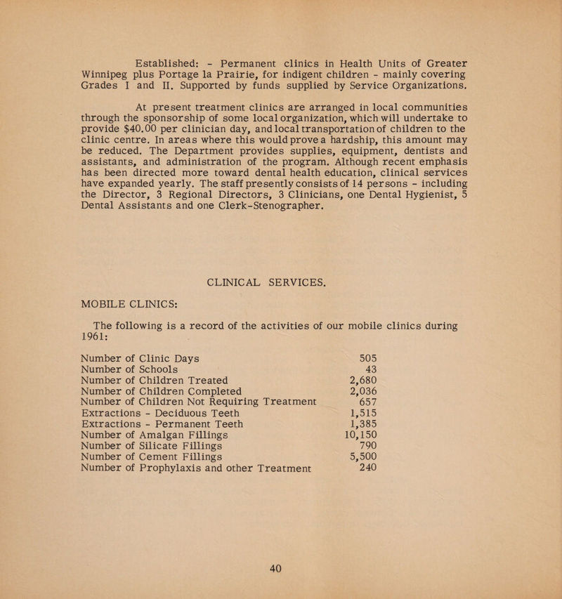 Established: - Permanent clinics in Health Units of Greater Winnipeg plus Portage la Prairie, for indigent children - mainly covering Grades I and II. Supported by funds supplied by Service Organizations. At present treatment clinics are arranged in local communities through the sponsorship of some local organization, which will undertake to provide $40.00 per clinician day, and local transportation of children to the clinic centre. In areas where this would prove a hardship, this amount may be reduced. The Department provides supplies, equipment, dentists and assistants, and administration of the program. Although recent emphasis has been directed more toward dental health education, clinical services have expanded yearly. The staff presently consists of 14 persons - including the Director, 3 Regional Directors, 3 Clinicians, one Dental Hygienist, 5 Dental Assistants and one Clerk-Stenographer. CLINICAL SERVICES. MOBILE CLINICS: The following is a record of the activities of our mobile clinics during 1961: Number of Clinic Days 505 Number of Schools 43 Number of Children Treated 2,680 Number of Children Completed 2,036 Number of Children Not Requiring Treatment 657 Extractions - Deciduous Teeth 1,515 Extractions - Permanent Teeth 1,385 Number of Amalgan Fillings 10,150 Number of Silicate Fillings 790 Number of Cement Fillings 5,500 Number of Prophylaxis and other Treatment 240