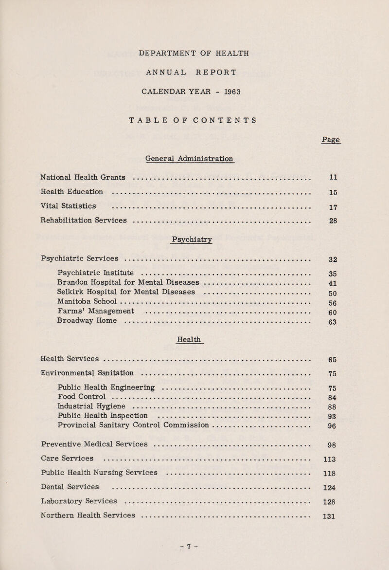 DEPARTMENT OF HEALTH ANNUAL REPORT CALENDAR YEAR - 1963 TABLE OF CONTENTS Page General Administration National Health Grants . 11 Health Education . 15 Vital Statistics . 17 Rehabilitation Services . 28 Psychiatry Psychiatric Services . 32 Psychiatric Institute . 35 Brandon Hospital for Mental Diseases. 41 Selkirk Hospital for Mental Diseases ... 50 Manitoba School. 56 Farms' Management . 60 Broadway Home . 63 Health Health Services. 65 Environmental Sanitation . 75 Public Health Engineering . 75 Food Control . 84 Industrial Hygiene . 88 Public Health Inspection . 93 Provincial Sanitary Control Commission. 96 Preventive Medical Services . 98 Care Services . 113 Public Health Nursing Services . 118 Dental Services . 124 Laboratory Services .. 128 Northern Health Services . 131
