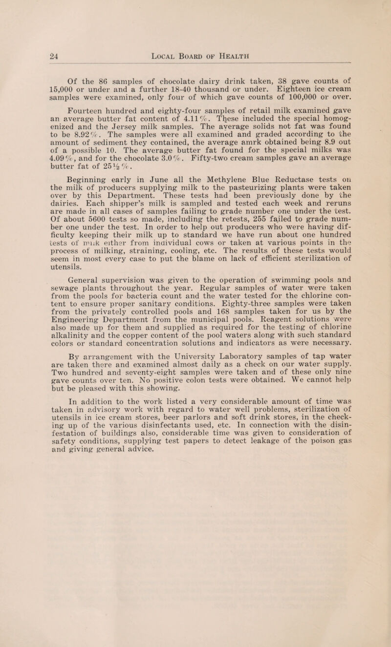 Of the 86 samples of chocolate dairy drink taken, 38 gave counts of 15,000 or under and a further 18-40 thousand or under. Eighteen ice cream samples were examined, only four of which gave counts of 100,000 or over. Fourteen hundred and eighty-four samples of retail milk examined gave an average butter fat content of 4.11%. These included the special homog¬ enized and the Jersey milk samples. The average solids not fat was found to be 8.92 %. The samples were all examined and graded according to the amount of sediment they contained, the average amrk obtained being 8.9 out of a possible 10. The average butter fat found for the special milks was 4.09%, and for the chocolate 3.0%. Fifty-two cream samples gave an average butter fat of 2514%. Beginning early in June all the Methylene Blue Reductase tests on the milk of producers supplying milk to the pasteurizing plants were taken over by this Department. These tests had been previously done by the dairies. Each shipper’s milk is sampled and tested each week and reruns are made in all cases of samples failing to grade number one under the test. Of about 5600 tests so made, including the retests, 255 failed to grade num¬ ber one under the test. In order to help out producers who were having dif¬ ficulty keeping their milk up to standard we have run about one hundred tests of miik either from individual cows or taken at various points in the process of milking, straining, cooling, etc. The results of these tests would seem in most every case to put the blame on lack of efficient sterilization of utensils. General supervision was given to the operation of swimming pools and sewage plants throughout the year. Regular samples of water were taken from the pools for bacteria count and the water tested for the chlorine con¬ tent to ensure proper sanitary conditions. Eighty-three samples were taken from the privately controlled pools and 168 samples taken for us by the Engineering Department from the municipal pools. Reagent solutions were also made up for them and supplied as required for the testing of chlorine alkalinity and the copper content of the pool waters along with such standard colors or standard concentration solutions and indicators as were necessary. By arrangement with the University Laboratory samples of tap water are taken there and examined almost daily as a check on our water supply. Two hundred and seventy-eight samples were taken and of these only nine gave counts over ten. No positive colon tests were obtained. We cannot help but be pleased with this showing. In addition to the work listed a very considerable amount of time was taken in advisory work with regard to water well problems, sterilization of utensils in ice cream stores, beer parlors and soft drink stores, in the check¬ ing up of the various disinfectants used, etc. In connection with the disin¬ festation of buildings also, considerable time was given to consideration of safety conditions, supplying test papers to detect leakage of the poison gas and giving general advice.