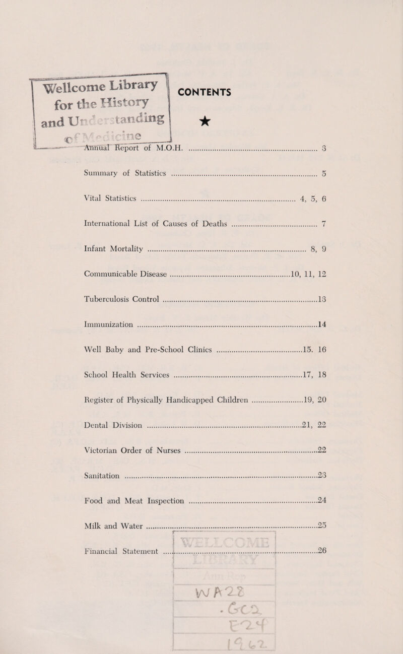 I Wellcome Library j C0NTENTS I for the History and Ur ' . tanding * c f* a ■ - clue j iL—— Annual Report of M.O.H. 3 Summary of Statistics . 5 Vital Statistics . 4, 5, 6 International List of Causes of Deaths . 7 Infant Mortality . 8, 9 Communicable Disease.10, 11, 12 Tuberculosis Control .13 Immunization .14 Well Baby and Pre-School Clinics ..15. 16 School Health Services .17, 18 Register of Physically Handicapped Children .19, 20 Dental Division .21, 22 Victorian Order of Nurses .22 Sanitation .23 Food and Meat Inspection .24 Milk and Water .25 Financial Statement 26