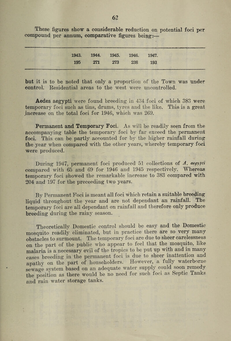 These figures show a considerable reduction on potential foci per compound per annum, comparative figures being:— 1943. 1944. 1945. 1946. 1947. 195 271 273 238 193 but it is to be noted that only a proportion of the Town was under control. Residential areas to the west were uncontrolled. Aedes aegypti were found breeding in 434 foci of which 383 were temporary foci such as tins, drums, tyres and the like. This is a great increase on the total foci for 1946, which was 269. Permanent and Temporary Foci. As will be readily seen from the accompanying table the temporary foci by far exceed the permanent foci. This can be partly accounted for by the higher rainfall during the year when compared with the other years, whereby temporary foci were produced. During 1947, permanent foci produced 51 collections of A. aegypti compared with 65 and 69 for 1946 and 1945 respectively. Whereas temporary foci showed the remarkable increase to 383 compared with 204 and 197 for the preceeding two years. By Permanent Foci is meant all foci which retain a suitable breeding liquid throughout the year and are not dependant an rainfall. The temporary foci are all dependant on rainfall and therefore only produce breeding during the rainy season. Theoretically Domestic control should be easy and the Domestic mosquito readily eliminated, but in practice there are so very many obstacles to surmount. The temporary foci are due to sheer carelessness on the part of the public who appear to feel that the mosquito, like malaria is a necessary evil of the tropics to be put up with and in many cases breeding in the permanent foci is due to sheer inattention and apathy on the part of householders. However, a fully waterborne sewage system based on an adequate water supply could soon remedy the position as there would be no need for such foci as Septic Tanks and rain water storage tanks.