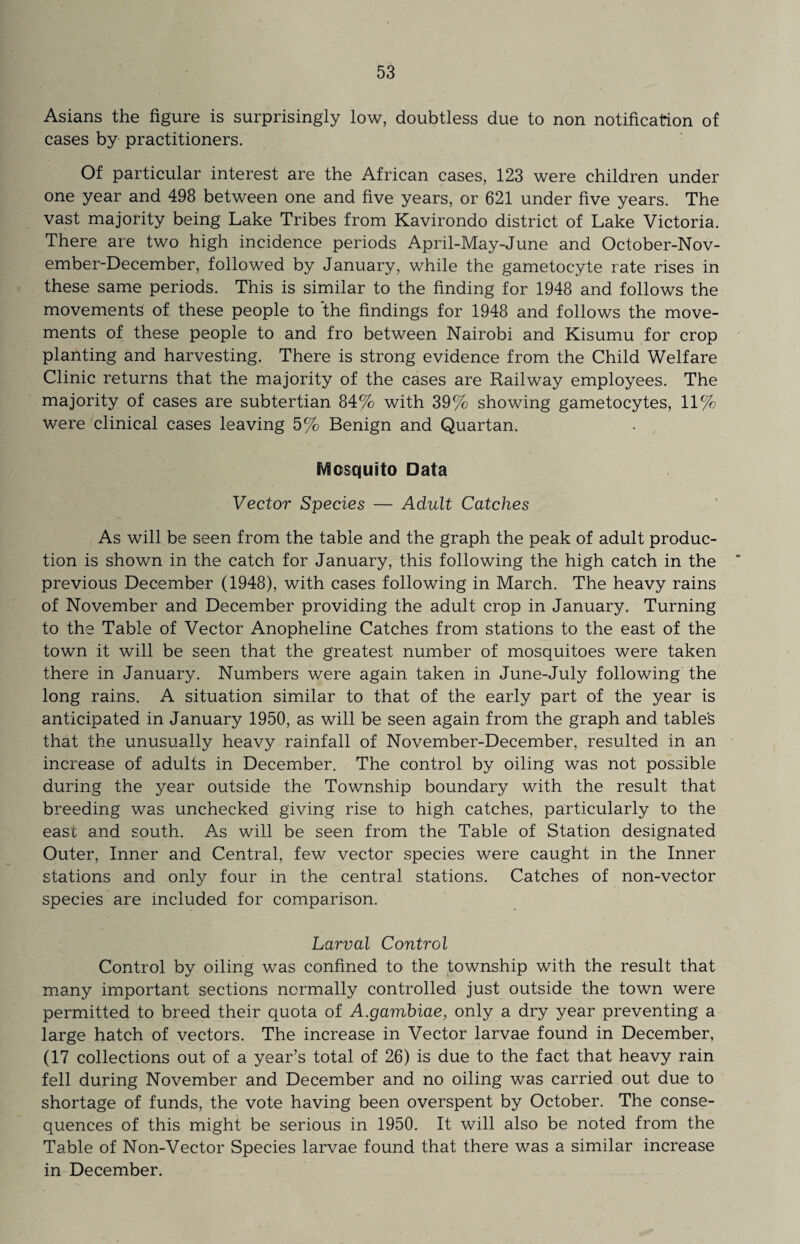Asians the figure is surprisingly low, doubtless due to non notification of cases by practitioners. Of particular interest are the African cases, 123 were children under one year and 498 between one and five years, or 621 under five years. The vast majority being Lake Tribes from Kavirondo district of Lake Victoria. There are two high incidence periods April-May-June and October-Nov- ember-December, followed by January, while the gametocyte rate rises in these same periods. This is similar to the finding for 1948 and follows the movements of these people to the findings for 1948 and follows the move¬ ments of these people to and fro between Nairobi and Kisumu for crop planting and harvesting. There is strong evidence from the Child Welfare Clinic returns that the majority of the cases are Railway employees. The majority of cases are subtertian 84% with 39% showing gametocytes, 11% were clinical cases leaving 5% Benign and Quartan. Mosquito Data Vector Species — Adult Catches As will be seen from the table and the graph the peak of adult produc¬ tion is shown in the catch for January, this following the high catch in the previous December (1948), with cases following in March. The heavy rains of November and December providing the adult crop in January. Turning to the Table of Vector Anopheline Catches from stations to the east of the town it will be seen that the greatest number of mosquitoes were taken there in January. Numbers were again taken in June-July following the long rains. A situation similar to that of the early part of the year is anticipated in January 1950, as will be seen again from the graph and tables that the unusually heavy rainfall of November-December, resulted in an increase of adults in December. The control by oiling was not possible during the year outside the Township boundary with the result that breeding was unchecked giving rise to high catches, particularly to the ease and south. As will be seen from the Table of Station designated Outer, Inner and Central, few vector species were caught in the Inner stations and only four in the central stations. Catches of non-vector species are included for comparison. Larval Control Control by oiling was confined to the township with the result that many important sections normally controlled just outside the town were permitted to breed their quota of A.gamhiae, only a dry year preventing a large hatch of vectors. The increase in Vector larvae found in December, (17 collections out of a year’s total of 26) is due to the fact that heavy rain fell during November and December and no oiling was carried out due to shortage of funds, the vote having been overspent by October. The conse¬ quences of this might be serious in 1950. It will also be noted from the Table of Non-Vector Species larvae found that there was a similar increase in December.
