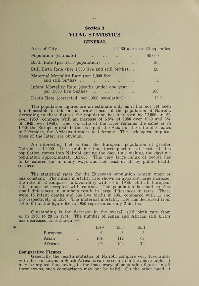 ‘O Section 3 VITAL STATISTICS GENERAL Area of City . 20,480 acres or 32 sq. miles. Population (estimate) . 149,000 Birth Rate (per 1,000 population) . 36 Still Birth Rate (per 1,000 live and still births) ... 28 Maternal Mortality Rate (per 1,000 live and still births) ... . 3 Infant Mortality Rate (deaths under one year per 1,000 live binths) ... ... ... ... 100 Death Rate (corrected; per 1,000 population) ... 12.9 The population figures are an estimate only as it has not yet been found possible to take an accurate census of the population of Nairobi. According to these figures the population has increased by 12,500 or 9% over 1950 (compare with an increase of 6.5% of 1950 over 1949 and 8% of 1949 over 1948). The sex ratio of the races remains the same as in 1950; the European distribution is equal, the Asian in the ratio of 3 males to 2 females, the Africans 4 males to 1 female. The sociological implica¬ tions of the latter are obvious. An interesting fact is that the European population of greater Nairobi is 19,000. It is probable that three-quarters, at least, of this population comes into Nairobi during the day, thus making the daytime population approximately 163,000. This very large influx of people has to be catered for in many ways and not least of all by public health services. The statistical rates for the European population remain more or less constant. The infant mortality rate shows an apparent large increase; the rate of 52 compares unfavourably with 39 in 1950. But all European rates must be accepted with caution. The population is small so that small differences in numbers result in large differences in rates. There were 16 infant deaths and 364 live births in 1951 compared with 11 and 286 respectively in 1950. The maternal mortality rate has decreased from 6.6 to 0 but the figure 6.6 in 1950 represented only 2 deaths. Outstanding is the decrease in the overall still birth rate from 41 in 1950 to 28 in 1951. The number of Asian and African still births has decreased as is shown :— 1949 1950 1951 European 6 3 3 Asian 104 112 69 African 96 102 79 Comparative Figures Generally the health statistics of Nairobi compare very favourably with those of towns in South Africa as can be seen from the above table. It may be argued that, owing to the inaccuracy of population figures in all these towns, such comparisons may not be valid. On the other hand, it