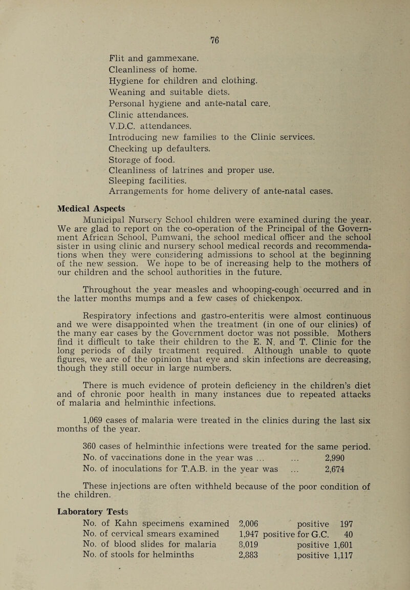 Flit and gammexane. Cleanliness of home. Hygiene for children and clothing. Weaning and suitable diets. Personal hygiene and ante-natal care. Clinic attendances. V.D.C. attendances. Introducing new families to the Clinic services. Checking up defaulters. Storage of food. Cleanliness of latrines and proper use. Sleeping facilities. Arrangements for home delivery of ante-natal cases. Medical Aspects Municipal Nursery School children were examined during the year. We are glad to report on the co-operation of the Principal of the Govern¬ ment African School, Pumwani, the school medical officer and the school sister in using clinic and nursery school medical records and recommenda¬ tions when they were considering admissions to school at the beginning of the new session. We hope to be of increasing help to the mothers of our children and the school authorities in the future. Throughout the year measles and whooping-cough occurred and in the latter months mumps and a few cases of chickenpox. Respiratory infections and gastro-enteritis were almost continuous and we were disappointed when the treatment (in one of our clinics) of the many ear cases by the Government doctor was not possible. Mothers find it difficult to take their children to the E. N. and T. Clinic for the long periods of daily treatment required. Although unable to quote figures, we are of the opinion that eye and skin infections are decreasing, though they still occur in large numbers. There is much evidence of protein deficiency in the children’s diet and of chronic poor health in many instances due to repeated attacks of malaria and helminthic infections. 1,069 cases of malaria were treated in the clinics during the last six months of the year. 360 cases of helminthic infections were treated for the same period. No. of vaccinations done in the year was ... ... 2,990 No. of inoculations for T.A.B. in the year was ... 2,674 These injections are often withheld because of the poor condition of the children. Laboratory Tests No. of Kahn specimens examined No. of cervical smears examined No. of blood slides for malaria No. of stools for helminths 2,006 positive 197 1,947 positive for G.C. 40 8,019 positive 1,601 2,883 positive 1,117