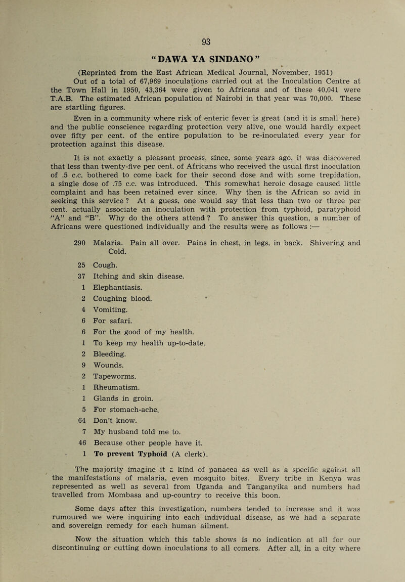 “ DAWA YA SINDANO ” •* ' (Reprinted from the East African Medical Journal, November, 1951) Out of a total of 67,969 inoculations carried out at the Inoculation Centre at the Town Hall in 1950, 43,364 were given to Africans and of these 40,041 were T.A.B. The estimated African population of Nairobi in that year was 70,000. These are startling figures. Even in a community where risk of enteric fever is great (and it is small here) and the public conscience regarding protection very alive, one would hardly expect over fifty per cent, of the entire population to be re-inoculated every year for protection against this disease. It is not exactly a pleasant process, since, some years ago, it was discovered that less than twenty-five per cent, of Africans who received the usual first inoculation of .5 c.c. bothered to come back for their second dose and with some trepidation, a single dose of .75 c.c. was introduced. This somewhat heroic dosage caused little complaint and has been retained ever since. Why then is the African so avid in seeking this service ? At a guess, one would say that less than two or three per cent, actually associate an inoculation with protection from typhoid, paratyphoid “A” and “B”. Why do the others attend ? To answer this question, a number of Africans were questioned individually and the results were as follows :— 290 Malaria. Pain all over. Pains in chest, in legs, in back. Shivering and Cold. 25 Cough. 37 Itching and skin disease. 1 Elephantiasis. 2 Coughing blood. 4 Vomiting. 6 For safari. 6 For the good of my health. 1 To keep my health up-to-date. 2 Bleeding. 9 Wounds. 2 Tapeworms. 1 Rheumatism. 1 Glands in groin. 5 For stomach-ache. 64 Don’t know. 7 My husband told me to. 46 Because other people have it. 1 To prevent Typhoid (A clerk). The majority imagine it a kind of panacea as well as a specific against all the manifestations of malaria, even mosquito bites. Every tribe in Kenya was represented as well as several from Uganda and Tanganyika and numbers had travelled from Mombasa and up-country to receive this boon. Some days after this investigation, numbers tended to increase and it was rumoured we were inquiring into each individual disease, as we had a separate and sovereign remedy for each human ailment. Now the situation which this table shows is no indication at all for our discontinuing or cutting down inoculations to all comers. After all, in a city where