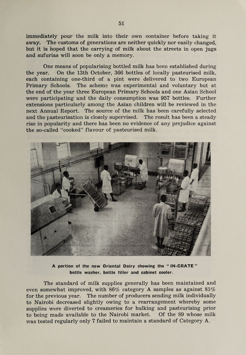 immediately pour the milk into their own container before taking it away. The customs of generations are neither quickly nor easily changed, but it is hoped that the carrying of milk about the streets in open jugs and sufurias will soon be only a memory. One means of popularising bottled milk has been established during the year. On the 13th October, 366 bottles of locally pasteurised milk, each containing one-third of a pint were delivered to two European Primary Schools. The scheme was experimental and voluntary but at the end of the year three European Primary Schools and one Asian School were participating and the daily consumption was 957 bottles. Further extensions particularly among the Asian children will be reviewed in the next Annual Report. The source of the milk has been carefully selected and the pasteurisation is closely supervised. The result has been a steady rise in popularity and there has been no evidence of any prejudice against the so-called “cooked” flavour of pasteurised milk. A portion of the new Oriental Dairy showing the “ IN-CRATE ” bottle washer, bottle filler and cabinet cooler. The standard of milk supplies generally has been maintained and even somewhat improved, with 86% category A samples as against 81% for the previous year. The number of producers sending milk individually to Nairobi decreased slightly owing to a rearrangement whereby some supplies were diverted to creameries for bulking and pasteurising prior to being made available to the Nairobi market. Of the 89 whose milk was tested regularly only 7 failed to maintain a standard of Category A.