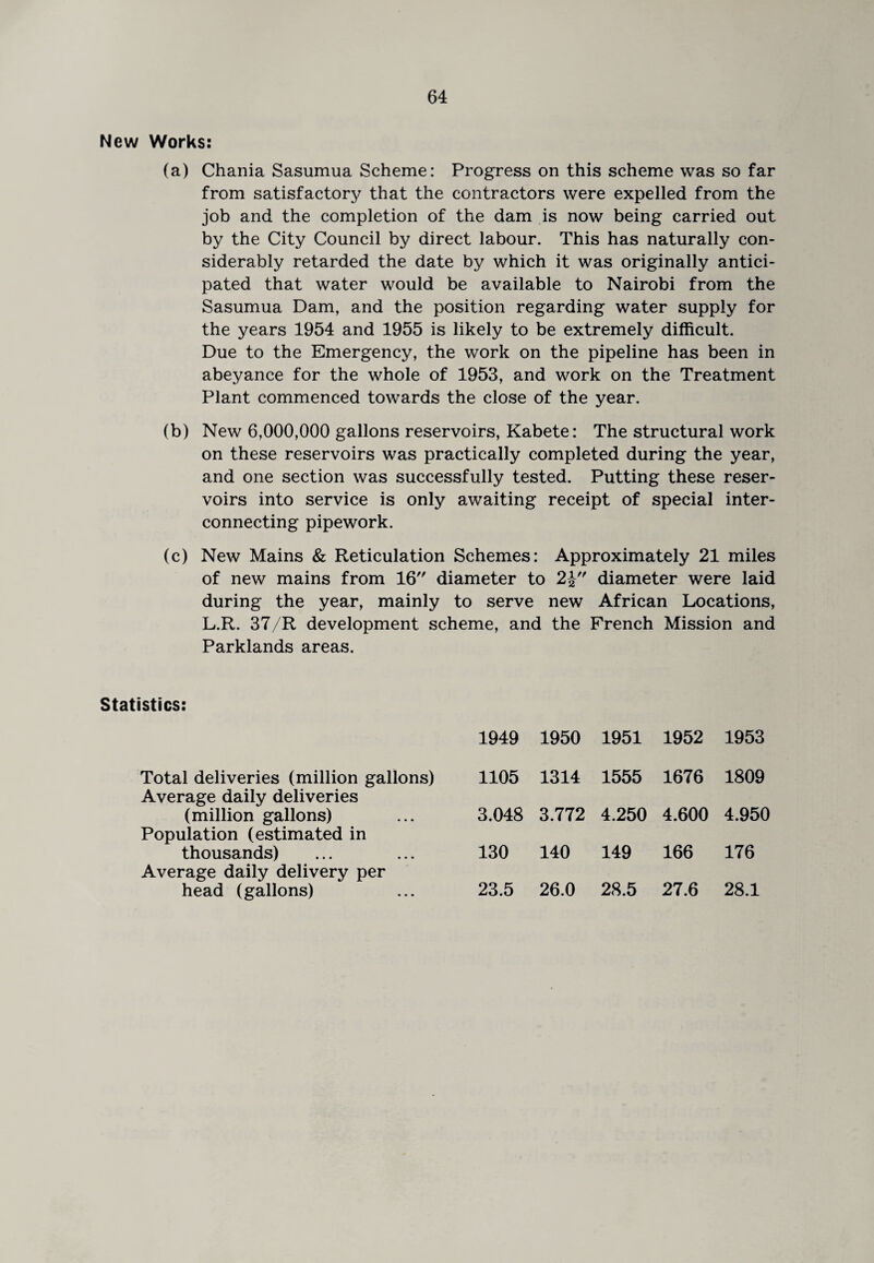 New Works: (a) Chania Sasumua Scheme: Progress on this scheme was so far from satisfactory that the contractors were expelled from the job and the completion of the dam is now being carried out by the City Council by direct labour. This has naturally con¬ siderably retarded the date by which it was originally antici¬ pated that water would be available to Nairobi from the Sasumua Dam, and the position regarding water supply for the years 1954 and 1955 is likely to be extremely difficult. Due to the Emergency, the work on the pipeline has been in abeyance for the whole of 1953, and work on the Treatment Plant commenced towards the close of the year. (b) New 6,000,000 gallons reservoirs, Kabete: The structural work on these reservoirs was practically completed during the year, and one section was successfully tested. Putting these reser¬ voirs into service is only awaiting receipt of special inter¬ connecting pipework. (c) New Mains & Reticulation Schemes: Approximately 21 miles of new mains from 16 diameter to 2J- diameter were laid during the year, mainly to serve new African Locations, L.R. 37/R development scheme, and the French Mission and Parklands areas. Statistics: Total deliveries (million gallons) Average daily deliveries (million gallons) Population (estimated in thousands) Average daily delivery per head (gallons) 1949 1950 1951 1952 1953 1105 1314 1555 1676 1809 3.048 3.772 4.250 4.600 4.950 130 140 149 166 176 23.5 26.0 28.5 27.6 28.1