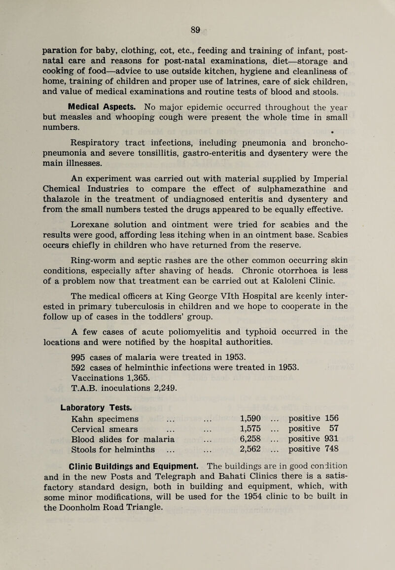 paration for baby, clothing, cot, etc., feeding and training of infant, post¬ natal care and reasons for post-natal examinations, diet—storage and cooking of food—advice to use outside kitchen, hygiene and cleanliness of home, training of children and proper use of latrines, care of sick children, and value of medical examinations and routine tests of blood and stools. Medical Aspects. No major epidemic occurred throughout the year but measles and whooping cough were present the whole time in small numbers. Respiratory tract infections, including pneumonia and broncho¬ pneumonia and severe tonsillitis, gastro-enteritis and dysentery were the main illnesses. An experiment was carried out with material supplied by Imperial Chemical Industries to compare the effect of sulphamezathine and thalazole in the treatment of undiagnosed enteritis and dysentery and from the small numbers tested the drugs appeared to be equally effective. Lorexane solution and ointment were tried for scabies and the results were good, affording less itching when in an ointment base. Scabies occurs chiefly in children who have returned from the reserve. Ring-worm and septic rashes are the other common occurring skin conditions, especially after shaving of heads. Chronic otorrhoea is less of a problem now that treatment can be carried out at Kaloleni Clinic. The medical officers at King George Vlth Hospital are keenly inter¬ ested in primary tuberculosis in children and we hope to cooperate in the follow up of cases in the toddlers’ group. A few cases of acute poliomyelitis and typhoid occurred in the locations and were notified by the hospital authorities. 995 cases of malaria were treated in 1953. 592 cases of helminthic infections were treated in 1953. Vaccinations 1,365. T.A.B. inoculations 2,249. Laboratory Tests. Kahn specimens Cervical smears Blood slides for malaria Stools for helminths 1,590 ... positive 156 1,575 ... positive 57 6,258 ... positive 931 2,562 ... positive 748 Clinic Buildings and Equipment. The buildings are in good condition and in the new Posts and Telegraph and Bahati Clinics there is a satis¬ factory standard design, both in building and equipment, which, with some minor modifications, will be used for the 1954 clinic to bo built in the Doonholm Road Triangle.