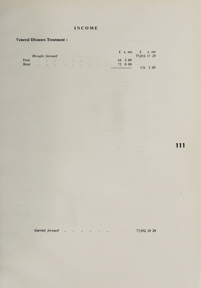 Veneral Diseases Treatment : £ s. cts. £ s. cts Brought forward 77,816 17 29 Fees . . . . . . . . . 64 2 00 Rent. 72 0 00 - 136 2 00 111