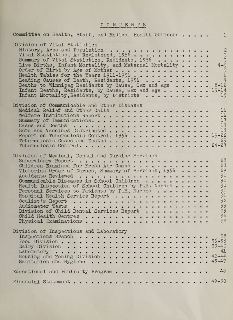 CONTENTS Committee on Health, Staff, and Medical Health Officers Division of Vital Statistics History, Area and Population . Vital Statistics, As Registered, 199& . Summary of Vital Statistics, Residents, 199& • • . . Live Births, Infant Mortality, and Maternal Mortality Order of Birth by Age of Mother . Health Tables for the Years 1911-199& . Leading Causes of Death, Residents, 199& . Deaths to Winnipeg Residents by Cause, Sex and Age Infant Deaths, Residents, by Cause, Sex and Age . . . Infant Mortality,Residents, by Districts. 1 3 “7 3 4-9 9 6 7 8-12 13-14 19 Division of Communicable and Other Diseases Medical Relief and Other Calls... 16 Welfare Institutions Report . 16 Summary of Immunizations. 17 Cases and Deaths.» ... 18 Sera and Vaccines Distributed . ..... 18 Report on Tuberculosis Control, 199& . 19-22 Tuberculosis Cases and Deaths . .... 23 Tuberculosis Control. .... . 24-27 Division of Medical, Dental and Nursing Services Supervisory Report ... . ...... Children Examined for Eresh Air Camps . Victorian Order of Nurses, Summary of Services, 199^ Accidents Reviewed . • . Communicable Diseases in School Children . . Health Inspection of School Children by P.H. Nurses , . Personal Services to Patients by P.H. Nurses . Hospital Health Service Report . Oculist is Report... Audiometer Tests . Division of Child Dental Services Report . Child Health Centres . Physical Examinations . 28 28 29 90 30 30 31 31 32 *7 7 p3 33 34 34 Division of Inspections and Laboratory Inspections Branch ...•••• . . . 39 Food Division. 3&~38 Dairy Division. 39-40 Laboratory. 41 Housing and Zoning Division ..... . ... 42-44 Sanitation and Hygiene . 49-47 Educational and Publicity Program . 48 Financial Statement . 49-90