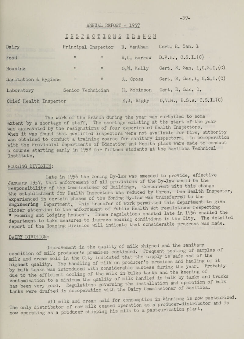 ANNUAL REPORT - 1957 ■39- INSPECTION 5 BRANCH Dairy Principal Inspector Pood   Housing   Sanitation &. Hygiene   Laboratory Senior Technician Chief Health Inspector R, Bentham Cert. R. San. 1 R.C, Morrow D.V.ii., C.S.I.(C) G.W. Nelly Cert. R. San. 1,C.3.I.(C) A. Cross Cert. R. San.l, C.S.I.(C) H. Robinson Cert. R. San. 1, E.J. Rigby D.V.M., B.S.A. C.S,I.(C) The work of the Branch during the year was curtailed to some extent by a shortage of staff. The shortage existing at the start of the year was aggravated by the resignations of four experienced Health Inspectors. When it was found that qualified inspectors were not available for hire, authority was obtained to conduct a training course for sanitary inspectors. In co-operation with the Provincial Departments of Education and Health plans were mad.e to conuuct a course starting early in 195& for fifteen students at the Manitoba technical Institute. HOUSING DIVISION: Late in 1956 the Zoning By-law was amended to provide, effective January 1957, that enforcement of all provisions of the By-law would be the responsibility of the Commissioner of Buildings. Concurrent with this change the establishment for Health Inspectors was reduced by three. One Health Inspector, experienced in certain phases of the Zoning By-law was transferred to the Engineering Department. This transfer of work permitted this department to give closer attention to the enforcement of Public Health Act regulations respecting « rooming and lodging houses. These regulations enacted late m 19?6 enabled the department to take measures to improve housing conditions m the City, lhe aetai -e report of the Housing Division will indicate that considerable progress was ma e. DAIRY DIVISION: Improvement in the quality of milk shipped and the sanitary condition of milk producer's premises continued. Frequent testing of samples o milk and cream sold in the City indicated that the supply is safe and of the highest quality. The handling of milk on producer's premises and hauling of t by bulk tanks was introduced with considerable success during the year. Probably due to the efficient cooling of the milk in bulks tanks and the keeping f contamination to a minimum the quality of milk nandled in bu y f blk has been very good. Regulations governing the installation ana operation oi bulk tSks were drafted in cS-operation with the Dairy Commissioner of Manitoba. All milk and cream sold for consumption in Winnipeg ^ f The only distributor of raw milk ceased operation as a Proauce - now operating as a producer shipping his milk to a pasteurization p a .