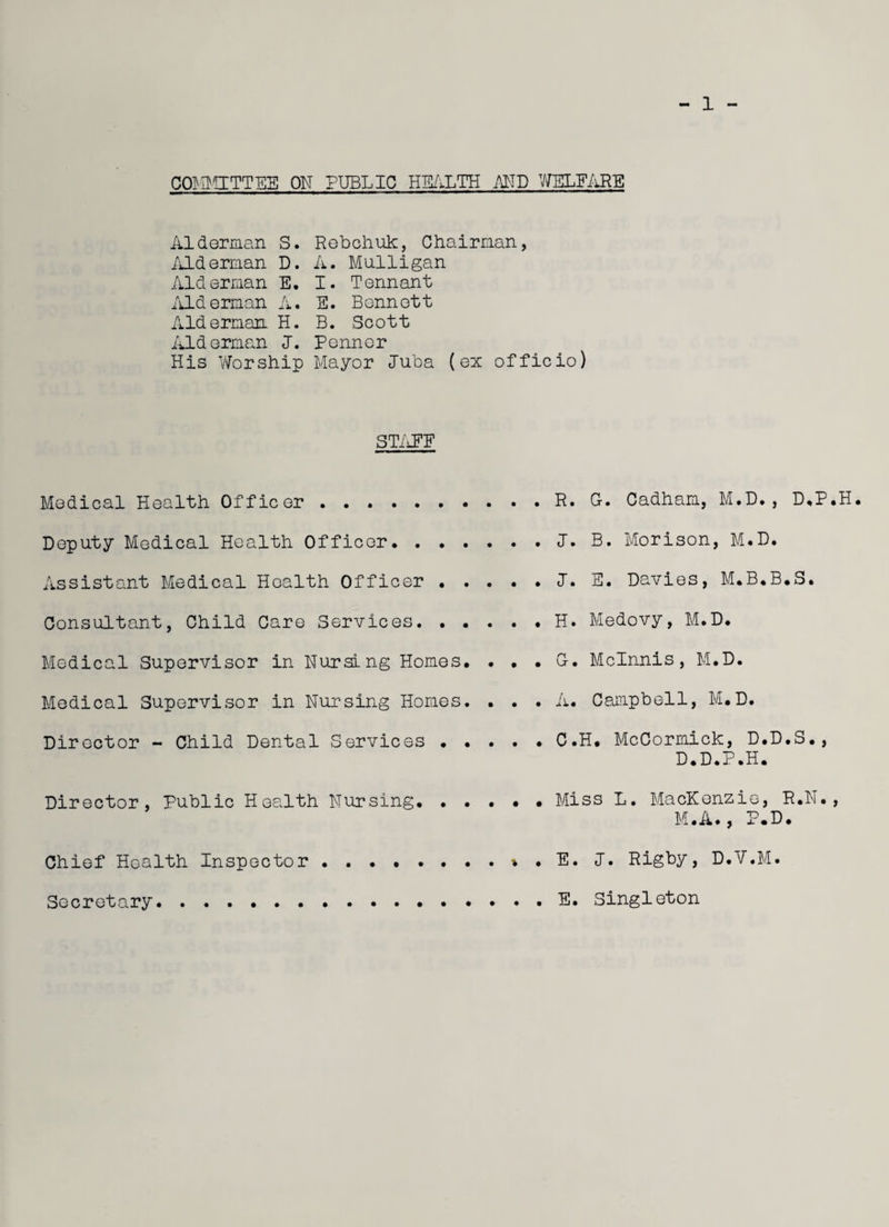 1 COMMITTEE ON PUBLIC HEALTH AMD WELFARE Alderman S. Rebchuk, Chairman, Alderman D. A. Mulligan Alderman E. I. Tennant Alderman A. E. Bennett Alderman H. B. Scott Alderman I. Fenner His Worship Mayor Juba (ex officio) Medical Health Officer Deputy Medical Health Officer Assistant Medical Health Officer Consultant, Child Care Service Medical Supervisor in Nursing Homes Medical Supervisor in Nursing Homes Director - Child Dental Services Director, Public Health Nursing, Chief Health Inspector • . • . • Secretary, .... . Cadham, M.D, , D,P.H Morison, M.D. Davies, M.B.B,S. Medovy, M.D. G. Mclnnis, M.D. A. Campbell, M.D. C.H. McCormick, D.D.S., D.D.P.H. . • • Miss L. Mackenzie, R.N., M.A., P•D, . > . E. J. Rigby, D.V.M. . . . E. Singleton ST/iEF R. G, J. B. J. E. H