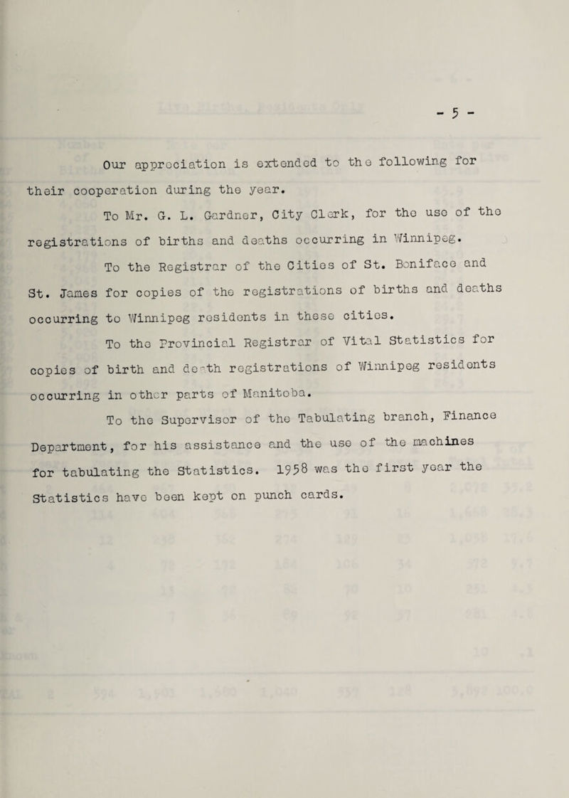 - 5 - Our appreciation is extended to the following for their cooperation during the year. To Mr. G. L. Gardner, City Clerk, for the use of tho registrations of births and deaths occurring in Winnipeg. To the Registrar of the Cities of St. Boniface and St. James for copies of the registrations of births ana deaths occurring to Winnipeg residents in these cities. To the Provincial Registrar of Vital Statistics for copies of birth and death registrations of Winnipeg residents occurring in other parts of Manitoba. To the Supervisor of the Tabulating branch, Finance Department, for his assistance and the use of the machines for tabulating the Statistics. 1958 was the first year the Statistics have been kept on punch cards.