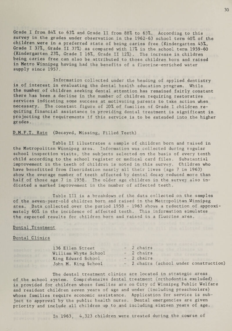 30 Grade I from 84% to 63% and Grade II from 88% to 63%. According to this survey in the grades under observation in the 1962-63 school term 40% of the children were in a preferred state of being caries free (Kindergarten 457», Grade I 37%, Grade II 37%) as compared with 17% in the school term 1959-60 (Kindergarten 23%, Grade I 16%, Grade II 12%). The increase in children being caries free can also be attributed to those children born and raised in Metro Winnipeg having had the benefits of a fluorine-enriched water supply since 1957„ Information collected under the heading of applied dentistry is of interest in evaluating the dental health education program,, While the number of children seeking dental attention has remained fairly constant there has been a decline in the number of children requiring restorative services indicating some success at motivating parents to take action when necessaryo The constant figure of 20% of families of Grade I children re¬ quiring financial assistance in providing dental treatment is significant in projecting the requirements if this service is to be extended into the higher grades. DoMoFoTo Rate (Decayed, Missing, Filled Teeth) Table II illustrates a sample of children born and raised in the Metropolitan Winnipeg areaD Information was collected during regular school inspection visits, the subjects selected on the basis of every tenth child according to the school register or medical card files. Substantial improvement in the teeth of children is noted in this survey. Children who have benefitted from fluoridation nearly all their lives (age 7 in 1963) show the average number of teeth affected by dental decay reduced more than half of those age 7 in 1958. The older age children in the survey also in¬ dicated a marked improvement in the number of affected teeth. Table III is a breakdown of the data collected on the samples of the seven-year-old children born and raised in the Metropolitan Winnipeg area. Data collected over the period 1958 - 1963 shows a reduction of approxi¬ mately 60% in. the incidence of affected teeth. This information simulates the expected results for children born and raised in a fluorine area. Dental Treatment Dental Clinics 136 Ellen Street “ 2 William Whyte School - 2 King Edward School  2 John M. King School ~ 2 chairs chairs chairs chairs (school under construction) The dental treatment clinics are located in strategic areas of the school system. Comprehensive dental treatment (orthodontia excluded) is provided for children whose families are on City of Winnipeg Public Welfare and resident children seven years of age and under (including preschoolers) whose families require economic assistance. Application for service is sub¬ ject to approval by the public health nurse. Dental emergencies are given priority and include all children up to and including sixteen years of age. In 1963, 4,323 children were treated during the course of