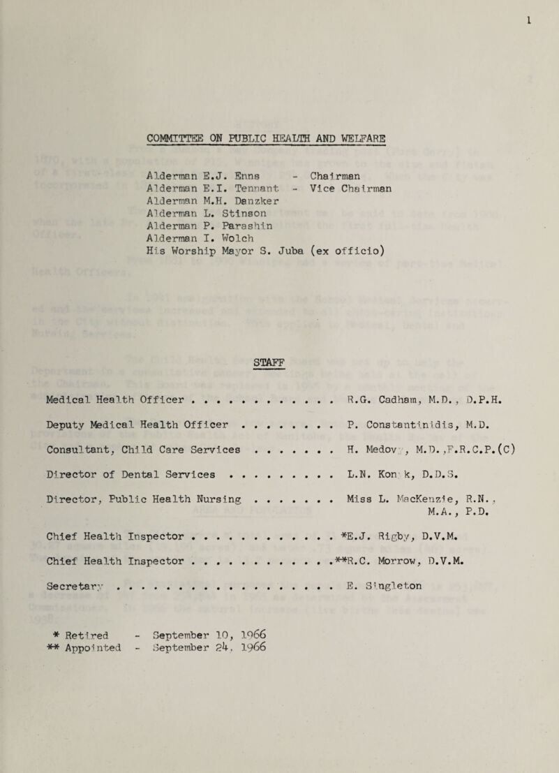 1 COMMITTEE ON PUBLIC HEALTH AND WELFARE Alderman E.J. Enns - Chairman Alderman E.I. Tennant - Vice Chairman Alderman M.H. Danzker Alderman L. Stinson Alderman P. Parashin Alderman I. Wolch His Worship Mayor S. Juba (ex officio) STAFF Medical Health Officer .... Deputy Medical Health Officer Consultant, Child Care Services Director of Dental Services Director, Public Health Nursing Chief Health Inspector .... Chief Health Inspector .... Secretary . R.G. Cadham, M.D., D.P.H. P. Constantin!dis, M.D. H. Medov , M.D.,F.R.C.P.(c) L.N. Kon k, D.D.S. Miss L. MacKenzIe, R.N., M.A. , P.D. *E.J. Rigby, D.V.M. **R.C. Morrov, D.V.M. E. Singleton * Retired - September 10, 1066 *■* Appointed - September 24, 1966