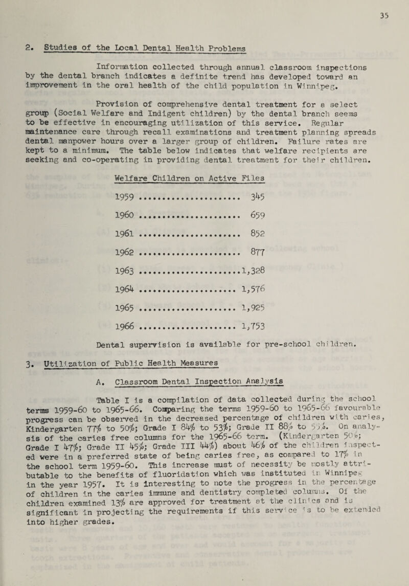 35 2. Studies of the local Dental Health Problems Information collected through annual classroom inspections by the dental branch indicates a definite trend has developed toward an improvement in the oral health of the child population in Winnipeg* Provision of comprehensive dental treatment for 8 select group (Social Welfare and Indigent children) by the dental branch seems to be effective in encouraging utilization of this service. Regular maintenance care through recall examinations and treatment planning spreads dental manpower hours over a larger group of children. Failure rates are kept to a minimum. The table below indicates that welfare recipients are seeking and co-operating in providing dental treatment for their children. Welfare Children on Active Files 1959 . 345 1960 . 659 1961 . 852 1962 . 877 1963 .1,328 1964 . 1,576 1965 . 1,925 1966 . 1,753 Dental supervision is available for pre-school children. 3. Utilization of Public Health Measures A. Classroom Dental Inspection Analysis Table I is a compilation of data collected during the school terms 1959-60 to 1965-66. Comparing the terms 1959-60 to 1965-66 favourable progress can be observed in the decreased percentage of children with caries, Kindergarten 77$ to 50$; Grade I 84$ to 53$; Grade II 88$ to 55$. On analy¬ sis of the caries free columns for the 1965-66 term. (Kindergarten 5o«; Grade I 47$; Grade II 45$; Grade III 44$) about 46$ of the children inspect¬ ed were in a preferred state of being caries free, as compared to 17$ in the school term 1959-60. This increase must of necessity be mostly attri¬ butable to the benefits of fluoridation which was instituted in Winnipeg in the year 1957. It is interesting to note the progress in the percentage of children in the caries immune and dentistry completed columns. Of the children examined 13$ are approved for treatment at the clirncs and is significant in projecting the requirements if this service is to be extended into higher grades.