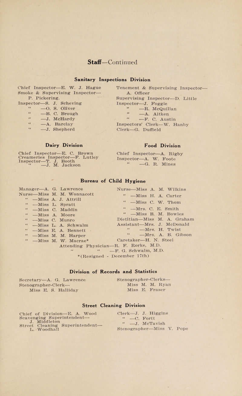 Staff—Continued Sanitary Inspections Division Chief Inspector—E. W. J. Hague Smoke & Supervising Inspector— P. Pickering. Inspector—S. J. Scheving “ —O. S. Oliver “ —B. C. Brough “ —J. McHardy “ —A. Barclay “ —.1. Shepherd Dairy Division Chief Inspector—E. C. Brown Creameries Inspector—F. Lutley Inspector—T. J. Booth “ —J. M. Jackson Tenement & Supervising Inspector A. Officer Supervising Inspector—D. Little Inspector—J. Foggie “ —R. McQuillan —A. Aitken “ -—F. C. Austin Inspectors’ Clerk—W. Hanby Clerk—G. Duffield Food Division Chief Inspector—A. Rigby Inspector—A. W. Foote “ —G. R. Mines Bureau of Child Hygiene Manager—A. G. Lawrence Nurse- —Miss A. M. Wilkins Nurse—Miss M. M. Wonnacott tt —Miss H. A. Carter “ —Miss A. J. Attrill “ —-Miss L. Spratt tt —Miss C. W. Thom “ —Miss C. Maddin ft —Mrs. C. E. Smith “ —Miss A. Moore it —Miss B. M. Bowles “ —Miss C. Munro Dietitian— -Miss M. A. Graham “ —Miss L. A. Schwalm Assistant— -Mrs. J. McDonald “ —Miss E. A. Bennett ft —Mrs. H. Twist “ —Miss M. M. Harper 11 -Mrs. A. B'. Gibson “ —Miss M. W. Macrae* Caretaker- -H. N. Steel Attending Physician—R. F. Rorke, M.D. “ “ -—F. G. Schwalm, M.D. *(Resigned - December 17th) Division of Records and Statistics Secretary—A. G. Lawrence Stenographer-Clerk— Miss E. S. Halliday Stenographer-Clerks— Miss M. M. Ryan Miss E. Fraser Street Cleaning Division Chief of Division—E. A. Wood Scavenging Superintendent— J. Middleton Street Cleaning Superintendent— Clerk—J. J. Higgins “ —C. Fortt “ —J. McTavish