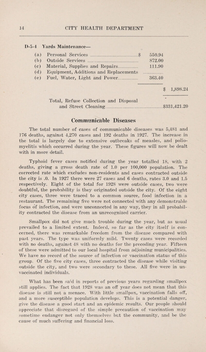 D-5-4 Yards Maintenance— (a) Personal Services .$ 550.94 (b) Outside Services . 872.00 (c) Material, Supplies and Repairs. 111.90 (d) Equipment, Additions and Replacements ...... (e) Fuel, Water, Light and Power. 363.40 $ 1,898.24 Total, Refuse Collection and Disposal and Street Cleaning.$331,421.20 Communicable Diseases The total number of cases of communicable diseases was 5,481 and J76 deaths, against 4,270 cases and 192 deaths in 1927. The increase in the total is largely due to extensive outbreaks of measles, and polio¬ myelitis which occurred during the year. These figures will now be dealt with in more detail. Typhoid fever cases notified during the year totalled 18, with 2 deaths, giving a gross death rate of 1.0 per 100,000 population. The corrected rate which excludes non-residents and cases contracted outside the city is .0. In 1927 there were 27 cases and 6 deaths, rates 3.0 and 1.5 respectively. Eight of the total for 1928 were outside cases, two were doubtful, the probability is they originated outside the city. Of the eight city cases, three were traced to a common source, food infection in a restaurant. The remaining five were not connected with any demonstrable focus of infection, and were unconnected in any way, they in all probabil¬ ity contracted the disease from an unrecognized carrier. Smallpox did not give much trouble during the year, but as usual prevailed to a limited extent. Indeed, so far as the city itself is con¬ cerned, there was remarkable freedom from the disease compared with past years. The type was uniformly mild. Twenty cases were recorded with no deaths, against 48 with no deaths for the preceding year. Fifteen of these were admitted to our local hospital from adjoining municipalities. We have no record of the source of infection or vaccination status of this group. Of the five city cases, three contracted the disease while visiting outside the city, and two were secondary to these. All five were in un¬ vaccinated individuals. What has been said in reports of previous years regarding smallpox still applies. The fact that 1928 was an off year does not mean that this disease is still not a menace. With little smallpox, vaccination falls off, and a more susceptible population develops. This is a potential danger, give the disease a good start and an epidemic results. Our people should appreciate that disregard of the simple precaution of vaccination may sometime endanger not only themselves but the community, and be the cause of much suffering and financial loss.