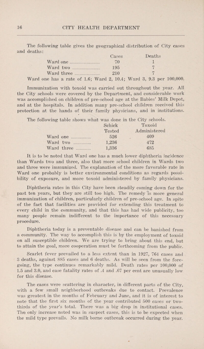 The following table gives the geographical distribution of City cases and deaths: Cases Deaths Ward one. 70 1 Ward two . 195 7 Ward three . 210 7 Ward, one has a rate of 1.6; Ward 2, 10.4; Ward 3, 9.3 per 100,000. Immunization with toxoid was carried out throughout the year. All the City schools were covered by the Department, and considerable work was accomplished on children of pre-school age at the Babies’ Milk Depot, and at the hospitals. In addition many pre-school children received this protection at the hands of their family physicians, and in institutions. The following table shows what was done in the City schools. Schick Toxoid Tested Administered Ward one . 526 409 Ward two . 1,236 472 Ward three . 1,336 685 It is to be noted that Ward one has a much lower diphtheria incidence than Wards two and three, also that more school children in Wards two and three were immunized. The explanation of the more favorable rate in Ward one probably is better environmental conditions as regards possi¬ bility of exposure, and more toxoid administered by family physicians. Diphtheria rates in this City have been steadily coming down for the past ten years, but they are still too high. The remedy is more general immunization of children, particularly children of pre-school age. In spite of the fact that facilities are provided for extending this treatment to every child in the community, and that this has had wide publicity, too many people remain indifferent to the importance of this necessary procedure. Diphtheria today is a preventable disease and can be banished from a community. The way to accomplish this is by the employment of toxoid on all susceptible children. We are trying to bring about this end, but to attain the goal, more cooperation must be forthcoming from the public. Scarlet fever prevailed to a less extent than in 1927, 764 cases and 3 deaths, against 885 cases and 6 deaths. As will be seen from the fore¬ going, the type continues remarkably mild. Death rates per 100,000 of 1.5 and 3.0, and case fatality rates of .4 and .67 per cent are unusually low for this disease. The cases were scattering in character, in different parts of the City, with a few small neighborhood outbreaks due to contact. Prevalence was greatest in the months of February and June, and it is of interest to note that the first six months of the year contributed 500 cases or two- thirds of the year’s total. There was a big drop in institutional cases. The only increase noted was in suspect cases, this is to be expected when the mild type prevails. No milk borne outbreak occurred during the year.