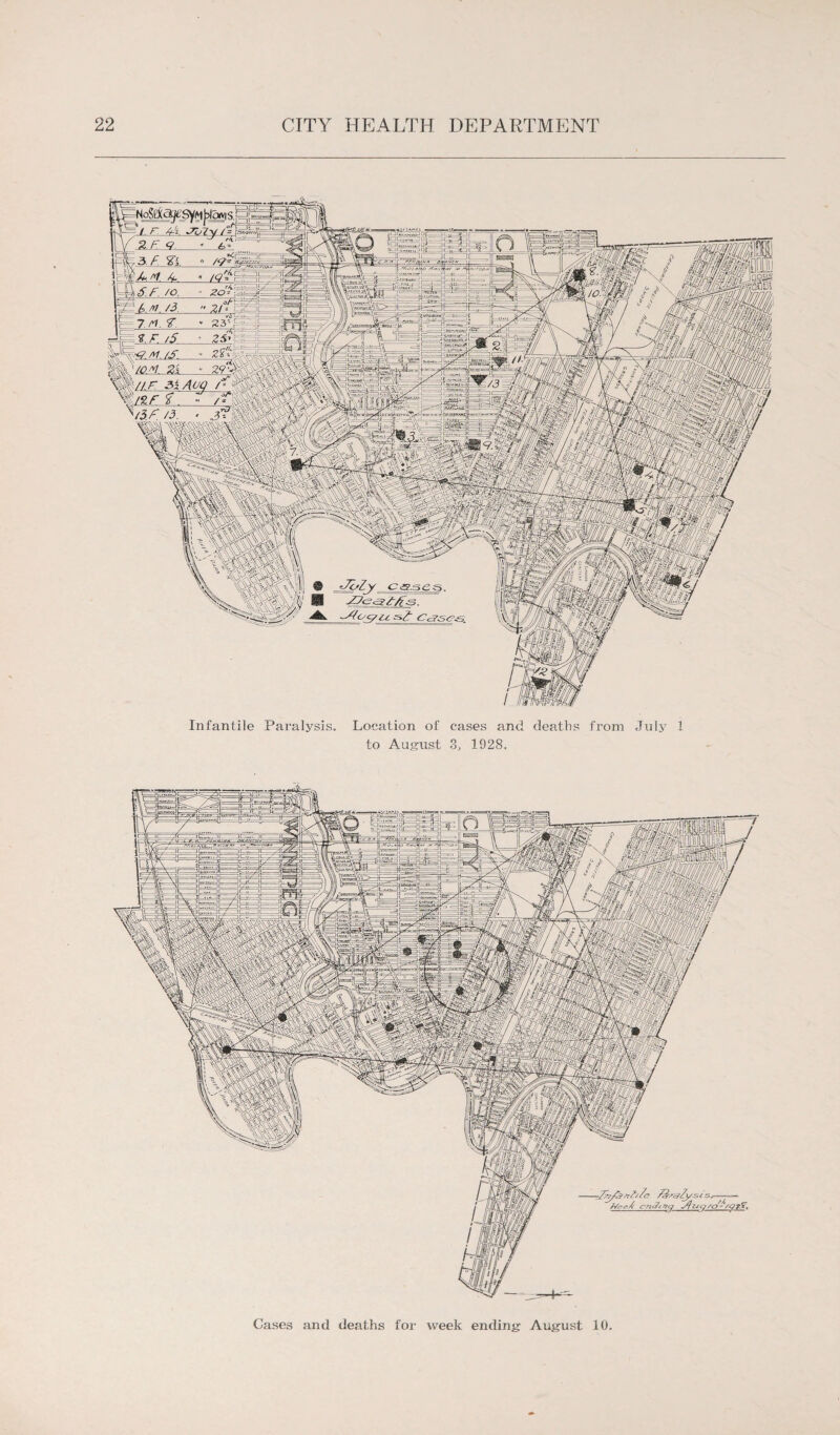 Infantile Paralysis. Location of cases and deaths from July 1 to August 3, 1928.