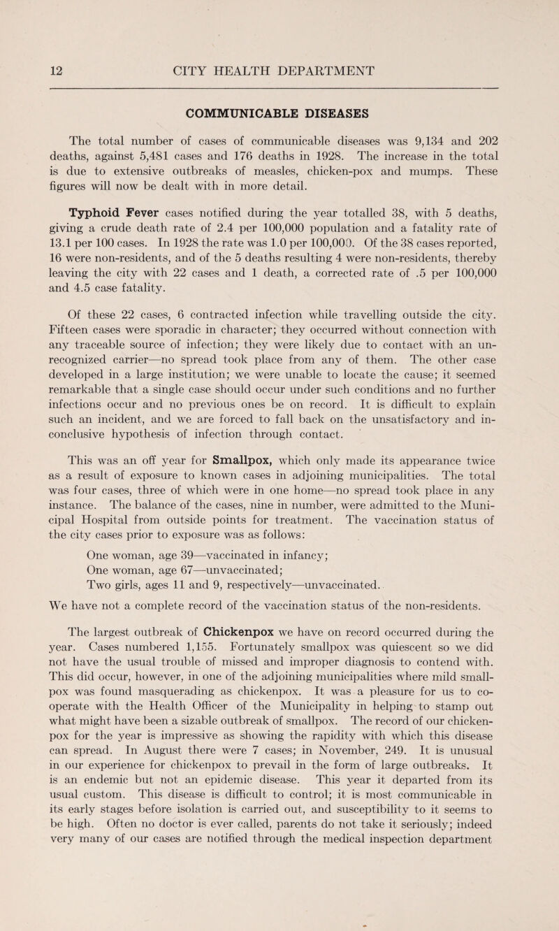 COMMUNICABLE DISEASES The total number of cases of communicable diseases was 9,134 and 202 deaths, against 5,481 cases and 176 deaths in 1928. The increase in the total is due to extensive outbreaks of measles, chicken-pox and mumps. These figures will now be dealt with in more detail. Typhoid Fever cases notified during the year totalled 38, with 5 deaths, giving a crude death rate of 2.4 per 100,000 population and a fatality rate of 13.1 per 100 cases. In 1928 the rate was 1.0 per 100,000. Of the 38 cases reported, 16 were non-residents, and of the 5 deaths resulting 4 were non-residents, thereby leaving the city with 22 cases and 1 death, a corrected rate of .5 per 100,000 and 4.5 case fatality. Of these 22 cases, 6 contracted infection while travelling outside the city. Fifteen cases were sporadic in character; they occurred without connection with any traceable source of infection; they were likely due to contact with an un¬ recognized carrier—no spread took place from any of them. The other case developed in a large institution; we were unable to locate the cause; it seemed remarkable that a single case should occur under such conditions and no further infections occur and no previous ones be on record. It is difficult to explain such an incident, and we are forced to fall back on the unsatisfactory and in¬ conclusive hypothesis of infection through contact. This was an off year for Smallpox, which only made its appearance twice as a result of exposure to known cases in adjoining municipalities. The total was four cases, three of which were in one home—no spread took place in any instance. The balance of the cases, nine in number, were admitted to the Muni¬ cipal Hospital from outside points for treatment. The vaccination status of the city cases prior to exposure was as follows: One woman, age 39—vaccinated in infancy; One woman, age 67—unvaccinated; Two girls, ages 11 and 9, respectively—unvaccinated. We have not a complete record of the vaccination status of the non-residents. The largest outbreak of Chickenpox we have on record occurred during the year. Cases numbered 1,155. Fortunately smallpox was quiescent so we did not have the usual trouble of missed and improper diagnosis to contend with. This did occur, however, in one of the adjoining municipalities where mild small¬ pox was found masquerading as chickenpox. It was a pleasure for us to co¬ operate with the Health Officer of the Municipality in helping to stamp out what might have been a sizable outbreak of smallpox. The record of our chicken- pox for the year is impressive as showing the rapidity with which this disease can spread. In August there were 7 cases; in November, 249. It is unusual in our experience for chickenpox to prevail in the form of large outbreaks. It is an endemic but not an epidemic disease. This year it departed from its usual custom. This disease is difficult to control; it is most communicable in its early stages before isolation is carried out, and susceptibility to it seems to be high. Often no doctor is ever called, parents do not take it seriously; indeed very many of our cases are notified through the medical inspection department