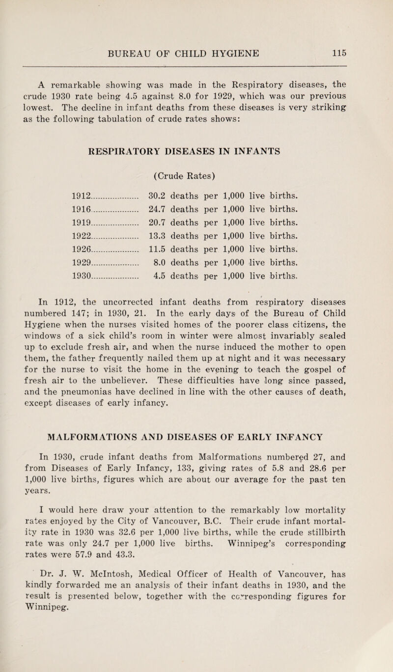 A remarkable showing was made in the Respiratory diseases, the crude 1930 rate being 4.5 against 8.0 for 1929, which was our previous lowest. The decline in infant deaths from these diseases is very striking as the following tabulation of crude rates shows: RESPIRATORY DISEASES IN INFANTS (Crude Rates) 1912. 30.2 deaths per 1,000 live births. 1916. 24.7 deaths per 1,000 live births. 1919. 20.7 deaths per 1,000 live births. 1922. 13.3 deaths per 1,000 live births. 1926. 11.5 deaths per 1,000 live births. 1929 . 8.0 deaths per 1,000 live births. 1930 . 4.5 deaths per 1,000 live births. In 1912, the uncorrected infant deaths from respiratory diseases numbered 147; in 1930, 21. In the early days of the Bureau of Child Hygiene when the nurses visited homes of the poorer class citizens, the windows of a sick child’s room in winter were almost invariably sealed up to exclude fresh air, and when the nurse induced the mother to open them, the father frequently nailed them up at night and it was necessary for the nurse to visit the home in the evening to teach the gospel of fresh air to the unbeliever. These difficulties have long since passed, and the pneumonias have declined in line with the other causes of death, except diseases of early infancy. MALFORMATIONS AND DISEASES OF EARLY INFANCY In 1930, crude infant deaths from Malformations numbered 27, and from Diseases of Early Infancy, 133, giving rates of 5.8 and 28.6 per 1,000 live births, figures which are about our average for the past ten years. I would here draw your attention to the remarkably low mortality rates enjoyed by the City of Vancouver, B.C. Their crude infant mortal¬ ity rate in 1930 was 32.6 per 1,000 live births, while the crude stillbirth rate was only 24.7 per 1,000 live births. Winnipeg’s corresponding rates were 57.9 and 43.3. Dr. J. W. McIntosh, Medical Officer of Health of Vancouver, has kindly forwarded me an analysis of their infant deaths in 1930, and the result is presented below, together with the corresponding figures for Winnipeg.