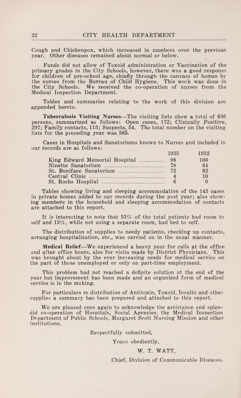 Cough and Chickenpox, which increased in numbers over the previous year. Other diseases remained about normal or below. Funds did not allow of Toxoid administration or Vaccination of the primary grades in the City Schools, however, there was a good response for children of pre-school age, chiefly through the canvass of homes by the nurses from the Bureau of Child Hygiene. This work was done in the City Schools. We received the co-operation of nurses from the Medical Inspection Department. Tables and summaries relating to the work of this division are appended hereto. Tuberculosis Visiting Nurses—The visiting lists show a total of 636 persons, summarized as follows: Open cases, 172; Clinically ^Positive, 297; Family contacts, 113; Suspects, 54. The total number on the visiting lists for the preceding year was 565. Cases in Hospitals and Sanatoriums known to Nurses and included in our records are as follows: 1933 1932 King Edward Memorial Hospital . 98 106 Ninette Sanatorium . 78 64 St. Boniface Sanatorium . 72 82 Central Clinic . 4 10 St. Rochs Hospital . 6 0 Tables showing living and sleeping accommodation of the 143 cases in private homes added to our records during the past year; also show¬ ing members in the household and sleeping accommodation of contacts are attached to this report. It is interesting to note that 53% of the total patients had room to self and 13%, while not using a separate room, had bed to self. The distribution of supplies to needy patients, checking up contacts, arranging hospitalization, etc., was carried on in the usual manner. Medical Relief—We experienced a heavy year for calls at the office and after office hours, also for visits made by District Physicians. This was brought about by the ever incieasing needs for medical service on the part of those unemployed or only on part-time employment. This problem had not reached a definite solution at the end of the year but improvement has been made and an organized form of medical service is in the making. For particulars re distribution of Antitoxin, Toxoid, Insulin and other supplies a summary has been prepared and attached to this report. We are pleased once again to acknowledge the assistance and splen¬ did co-operation of Hospitals, Social Agencies, the Medical Inspection Department of Public Schools, Margaret Scott Nursing Mission and other institutions. Respectfully submitted, Yours obediently, W. T. WATT, Chief, Division of Communicable Diseases.