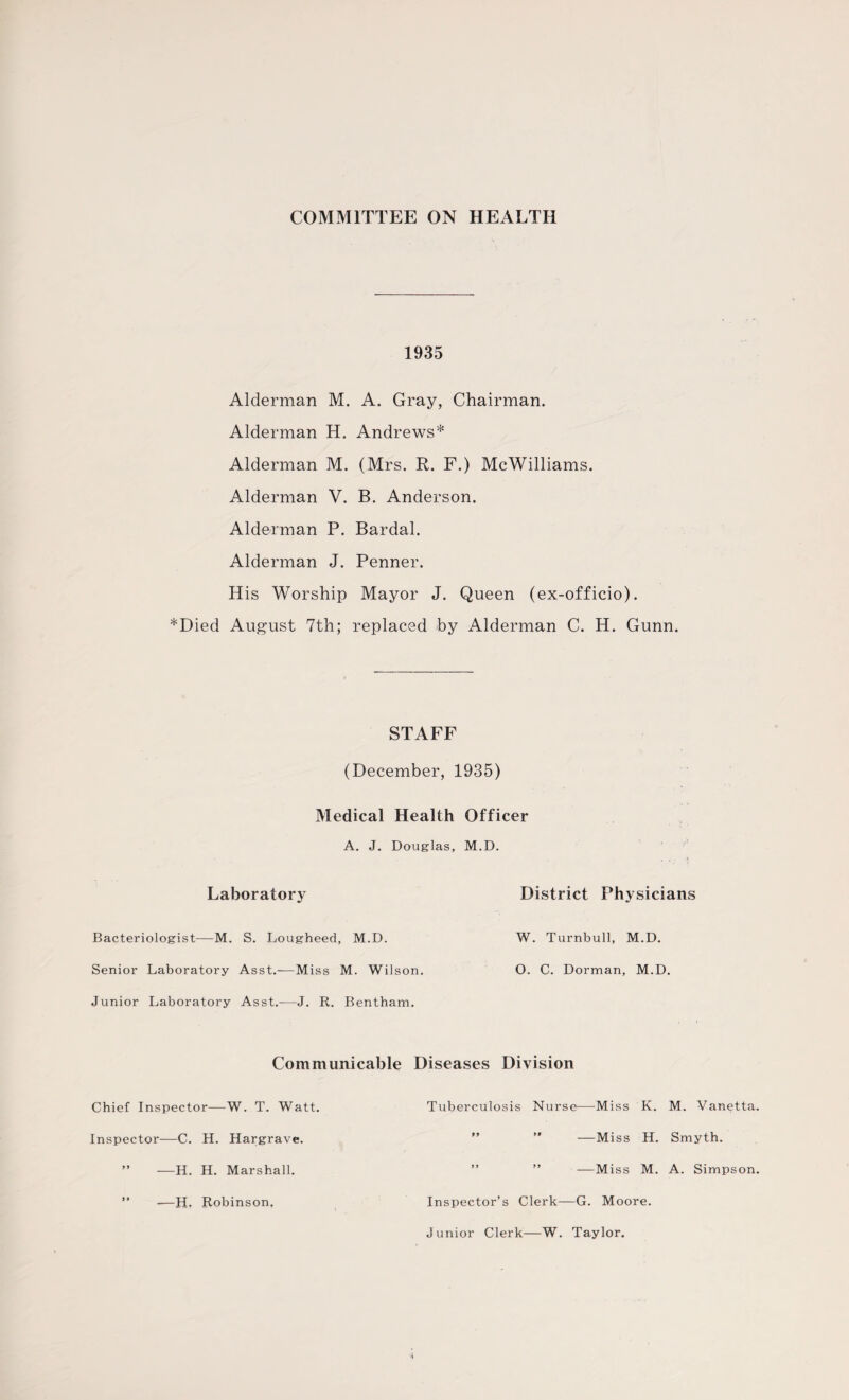 COMMITTEE ON HEALTH 1935 Alderman M. A. Gray, Chairman. Alderman H. Andrews* Alderman M. (Mrs. R. F.) McWilliams. Alderman V. B. Anderson. Alderman P. Bardal. Alderman J. Penner. His Worship Mayor J. Queen (ex-officio). *Died August 7th; replaced by Alderman C. H. Gunn. STAFF (December, 1935) Medical Health Officer A. J. Douglas, M.D. Laboratory District Physicians Bacteriologist—M. S. Lougheed, M.D. W. Turnbull, M.D. Senior Laboratory Asst.'—Miss M. Wilson. O. C. Dorman, M.D. Junior Laboratory Asst.—J. R. Bentham. Communicable Diseases Division Chief Inspector—W. T. Watt. Tuberculosis Nurse—Miss K. M. Vanetta. Inspector—C. H. Hargrave. M 99 —Miss H. Smyth. ” —H. H. Marshall. 9 9 99 —Miss M. A. Simpson, -—H. Robinson, Inspector’s Clerk—G. Moore. Junior Clerk—W. Taylor.