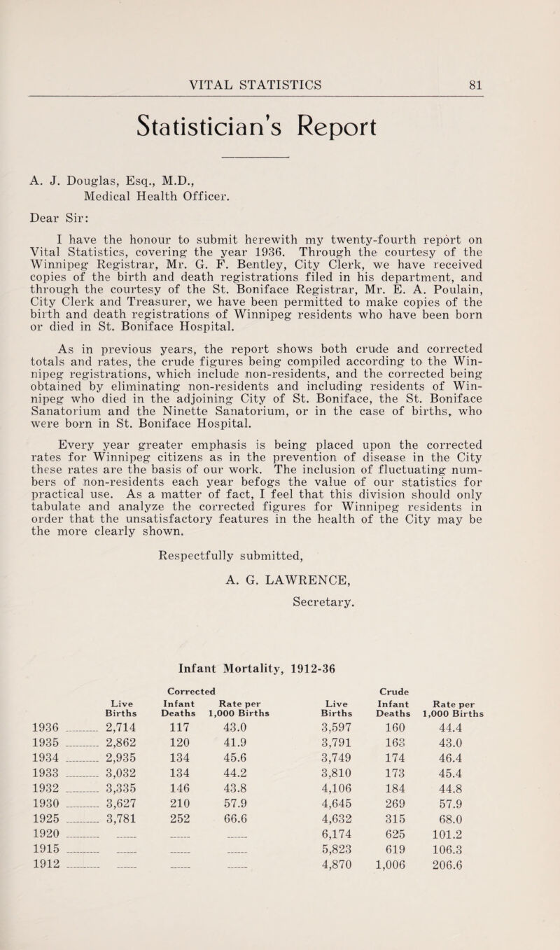 Statistician’s Report A. J. Douglas, Esq., M.D., Medical Health Officer. Dear Sir: I have the honour to submit herewith my twenty-fourth report on Vital Statistics, covering the year 1936. Through the courtesy of the Winnipeg Registrar, Mr. G. F. Bentley, City Clerk, we have received copies of the birth and death registrations filed in his department, and through the courtesy of the St. Boniface Registrar, Mr. E. A. Poulain, City Clerk and Treasurer, we have been permitted to make copies of the birth and death registrations of Winnipeg residents who have been born or died in St. Boniface Hospital. As in previous years, the report shows both crude and corrected totals and rates, the crude figures being compiled according to the Win¬ nipeg registrations, which include non-residents, and the corrected being obtained by eliminating non-residents and including residents of Win¬ nipeg who died in the adjoining City of St. Boniface, the St. Boniface Sanatorium and the Ninette Sanatorium, or in the case of births, who were born in St. Boniface Hospital. Every year greater emphasis is being placed upon the corrected rates for Winnipeg citizens as in the prevention of disease in the City these rates are the basis of our work. The inclusion of fluctuating num¬ bers of non-residents each year befogs the value of our statistics for practical use. As a matter of fact, I feel that this division should only tabulate and analyze the corrected figures for Winnipeg residents in order that the unsatisfactory features in the health of the City may be the more clearly shown. Respectfully submitted, A. G. LAWRENCE, Secretary. Infant Mortality, 1912-36 Live Corrected Infant Rate per Live Crude Infant Rate per Births Deaths 1, OOO Births Births Deaths 1,000 Births 1936 _____ _____ 2,714 117 43.0 3,597 160 44.4 1935 _____ _____ 2,862 120 41.9 3,791 163 43.0 1934 _____ _____ 2,935 134 45.6 3,749 174 46.4 1933 _____ _____ 3,032 134 44.2 3,810 173 45.4 1932 _____ _____ 3,335 146 43.8 4,106 184 44.8 1930 __ _____ 3,627 210 57.9 4,645 269 57.9 1925 _____ _____ 3,781 252 66.6 4,632 315 68.0 1920 _____ - 6,174 625 101.2 1915 _____ 5,823 619 106.3 1912 _____ 4,870 1,006 206.6