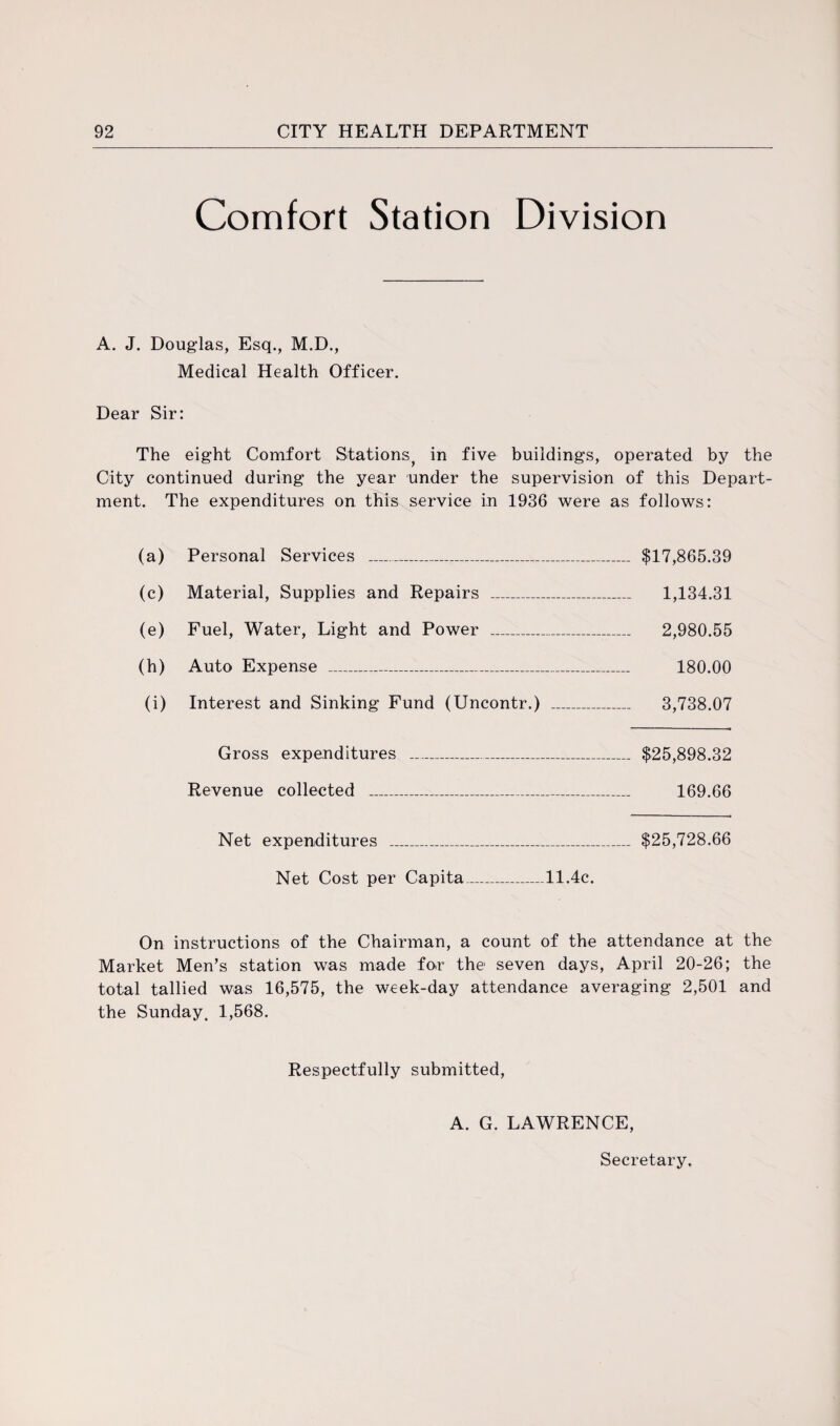 Comfort Station Division A. J. Douglas, Esq., M.D., Medical Health Officer. Dear Sir: The eight Comfort Stations, in five buildings, operated by the City continued during the year under the supervision of this Depart¬ ment. The expenditures on this service in 1936 were as follows: (a) Personal Services _ $17,865.39 (c) Material, Supplies and Repairs _ 1,134.31 (e) Fuel, Water, Light and Power _ 2,980.55 (h) Auto Expense _ 180.00 (i) Interest and Sinking Fund (Uncontr.) _ 3,738.07 Gross expenditures _ $25,898.32 Revenue collected _ 169.66 Net expenditures _ $25,728.66 Net Cost per Capita_11.4c. On instructions of the Chairman, a count of the attendance at the Market Men’s station was made for the seven days, April 20-26; the total tallied was 16,575, the week-day attendance averaging 2,501 and the Sunday. 1,568. Respectfully submitted, A. G. LAWRENCE, Secretary.