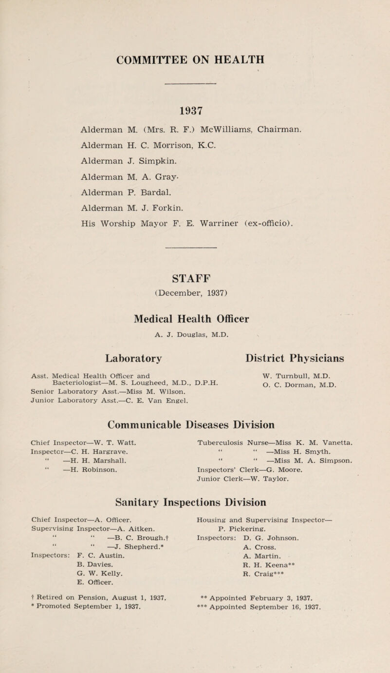 COMMITTEE ON HEALTH 1937 Alderman M. (Mrs. R. F.) McWilliams, Chairman. Alderman H. C. Morrison, K.C. Alderman J. Simpkin. Alderman M. A. Gray- Alderman P. Bardal. Alderman M. J. Forkin. His Worship Mayor F. E. Warriner (ex-officio). STAFF (December, 1937) Medical Health Officer A. J. Douglas, M.D. Laboratory District Physicians Asst. Medical Health Officer and W. Turnbull, M.D. Bacteriologist—M. S. Lougheed, M.D., D.P.H. q q Dorman M.D. Senior Laboratory Asst.—Miss M. Wilson. Junior Laboratory Asst.—C. E. Van Engel. Communicable Diseases Division Chief Inspector—W. T. Watt. Inspector—C. H. Hargrave. “ —H. H. Marshall. “ —H. Robinson. Tuberculosis Nurse—Miss K. M. Vanetta. “ “ —Miss H. Smyth. “ “ —Miss M. A. Simpson. Inspectors’ Clerk—G. Moore. Junior Clerk—W. Taylor. Sanitary Inspections Division Chief Inspector—A. Officer. Supervising Inspector—A. Aitken. “ “ —B. C. Brough.f “ “ — J. Shepherd.* Inspectors: F. C. Austin. B. Davies. G. W. Kelly. E. Officer. t Retired on Pension, August 1, 1937. * Promoted September 1, 1937. Housing and Supervising Inspector- P. Pickering. Inspectors: D. G. Johnson. A. Cross. A. Martin. R. H. Keena** R. Craig*** ** Appointed February 3, 1937. *** Appointed September 16, 1937.