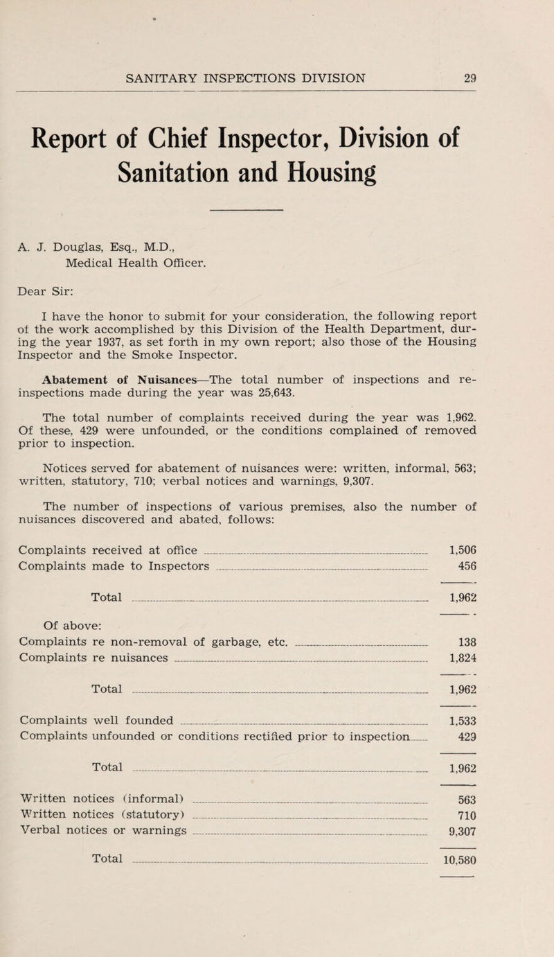 Report of Chief Inspector, Division of Sanitation and Housing A. J. Douglas, Esq., M.D., Medical Health Officer. Dear Sir: I have the honor to submit for your consideration, the following report of the work accomplished by this Division of the Health Department, dur¬ ing the year 1937, as set forth in my own report; also those of the Housing Inspector and the Smoke Inspector. Abatement of Nuisances—The total number of inspections and re¬ inspections made during the year was 25,643. The total number of complaints received during the year was 1,962. Of these, 429 were unfounded, or the conditions complained of removed prior to inspection. Notices served for abatement of nuisances were: written, informal, 563; written, statutory, 710; verbal notices and warnings, 9,307. The number of inspections of various premises, also the number of nuisances discovered and abated, follows: Complaints received at office _ 1,506 Complaints made to Inspectors _ 456 Total _ 1,962 Of above: Complaints re non-removal of garbage, etc. _ 138 Complaints re nuisances _ 1,824 Total _ 1,962 Complaints well founded _ 1,533 Complaints unfounded or conditions rectified prior to inspection_ 429 Total —- 1,962 Written notices (informal) _ 563 W7ritten notices (statutory) _ 710 Verbal notices or warnings _ 9,307 Total - 10,580