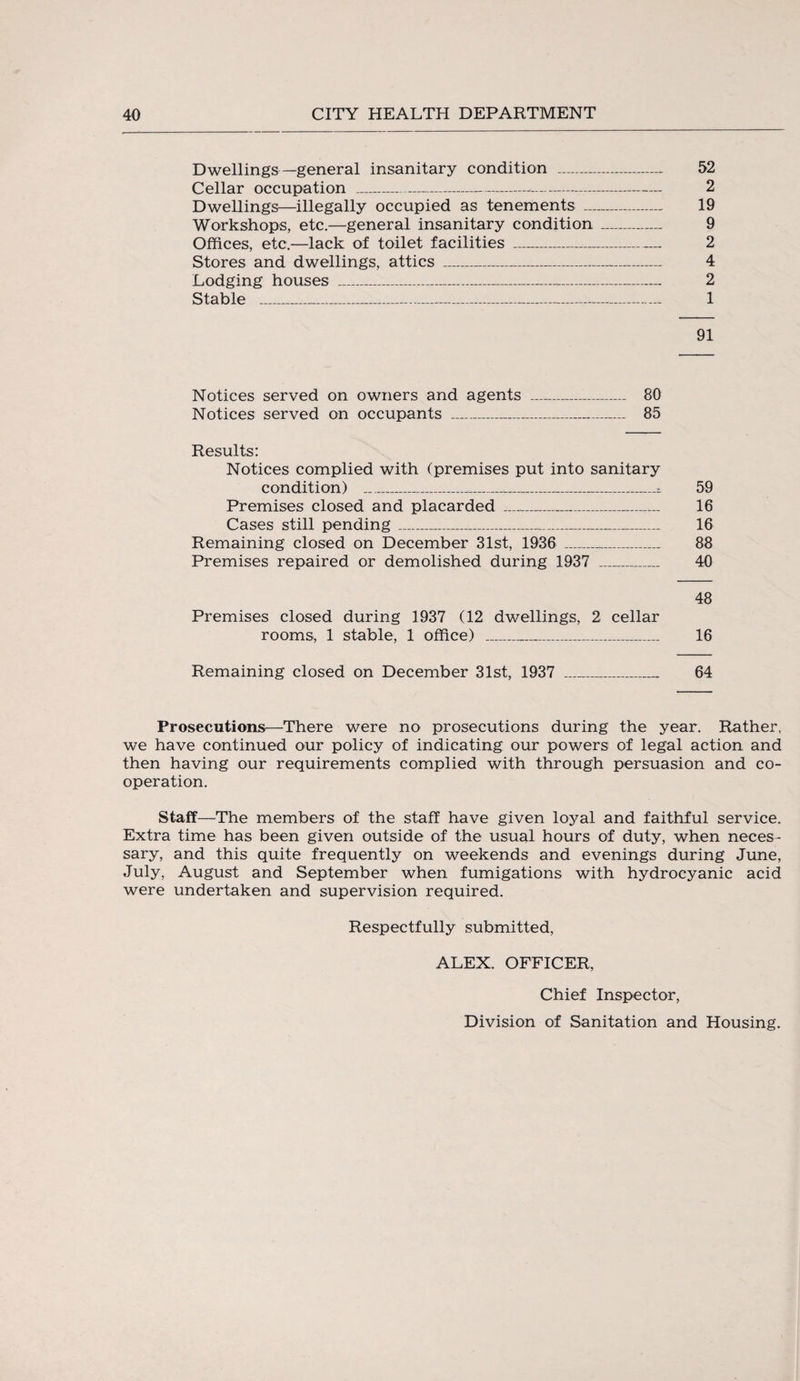 Dwellings—general insanitary condition -- 52 Cellar occupation _ 2 Dwellings—illegally occupied as tenements _ 19 Workshops, etc.—general insanitary condition_ 9 Offices, etc.—lack of toilet facilities _ 2 Stores and dwellings, attics _ 4 Lodging houses _____ 2 Stable _ 1 91 Notices served on owners and agents _-_ 80 Notices served on occupants _ 85 Results: Notices complied with (premises put into sanitary condition) _t 59 Premises closed and placarded _ 16 Cases still pending_ 16 Remaining closed on December 31st, 1936 ___ 88 Premises repaired or demolished during 1937 _ 40 48 Premises closed during 1937 (12 dwellings, 2 cellar rooms, 1 stable, 1 office) _ 16 Remaining closed on December 31st, 1937 _ 64 Prosecutions—There were no prosecutions during the year. Rather, we have continued our policy of indicating our powers of legal action and then having our requirements complied with through persuasion and co¬ operation. Staff—The members of the staff have given loyal and faithful service. Extra time has been given outside of the usual hours of duty, when neces¬ sary, and this quite frequently on weekends and evenings during June, July, August and September when fumigations with hydrocyanic acid were undertaken and supervision required. Respectfully submitted, ALEX. OFFICER, Chief Inspector, Division of Sanitation and Housing.