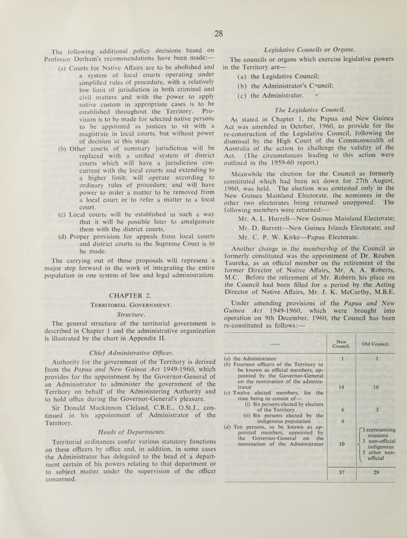 The following additional policy decisions based on Professor Derham’s recommendations have been made:— (a) Courts for Native Affairs are to be abolished and a system of local courts operating under simplified rules of procedure, with a relatively low limit of jurisdiction in both criminal and civil matters and with the power to apply native custom in appropriate cases is to be established throughout the Territory. Pro¬ vision is to be made for selected native persons to be appointed as justices to sit with a magistrate in local courts, but without power of decision at this stage. (b) Other courts of summary jurisdiction will be replaced with a unified system of district courts which will have a jurisdiction con¬ current with the local courts and extending to a higher limit; will operate according to ordinary rules of procedure; and will have power to order a matter to be removed from a local court or to refer a matter to a local court. (c) Local courts will be established in such a way that it will be possible later to amalgamate them with the district courts. (d) Proper provision for appeals from local courts and district courts to the Supreme Court is to be made. The carrying out of these proposals will represent a major step forward in the work of integrating the entire population in one system of law and legal administration. CHAPTER 2. Territorial Government. Structure. The general structure of the territorial government is described in Chapter 1 and the administrative organization is illustrated by the chart in Appendix II. Chief Administrative Officer. Authority for the government of the Territory is derived from the Papua and New Guinea Act 1949-1960, which provides for the appointment by the Governor-General of an Administrator to administer the government of the Territory on behalf of the Administering Authority and to hold office during the Governor-General’s pleasure. Sir Donald Mackinnon Cleland, C.B.E., O.St.J., con¬ tinued in his appointment of Administrator of the Territory. Heads of Departments. Territorial ordinances confer various statutory functions on these officers by office and, in addition, in some cases the Administrator has delegated to the head of a depart¬ ment certain of his powers relating to that department or to subject matter under the supervision of the officer concerned. Legislative Councils or Organs. The councils or organs which exercise legislative powers in the Territory are— (a) the Legislative Council; (b) the Administrator’s Council; (c) the Administrator. The Legislative Council. As stated in Chapter 1, the Papua and New Guinea Act was amended in October, 1960, to provide for the re-construction of the Legislative Council, following the dismissal by the High Court of the Commonwealth of Australia of the action to challenge the validity of the Act. (The circumstances leading to this action were outlined in the 1959-60 report.) Meanwhile the election for the Council as formerly constituted which had been set down for 27th August, 1960, was held. The election was contested only in the New Guinea Mainland Electorate, the nominees in the other two electorates being returned unopposed. The following members were returned:-— Mr. A. L. Hurrell—New Guinea Mainland Electorate; Mr. D. Barrett—New Guinea Islands Electorate; and Mr. C. P. W. Kirke—Papua Electorate. Another change in the membership of the Council as formerly constituted was the appointment of Dr. Reuben Taureka, as an official member on the retirement of the former Director of Native Affairs, Mr. A. A. Roberts, M.C. Before the retirement of Mr. Roberts his place on the Council had been filled for a period by the Acting Director of Native Affairs, Mr. J. K. McCarthy, M.B.E. Under amending provisions of the Papua and New Guinea Act 1949-1960, which were brought into operation on 9th December, 1960, the Council has been re-constituted as follows: — (a) (b) (c) id) New Council. the Administrator Fourteen officers of the Territory to be known as official members, ap¬ pointed by the Governor-General on the nomination of the adminis¬ trator Twelve elected members, for the time being to consist of— (i) Six persons elected by electors of the Territory (ii) Six persons elected by the indigenous population Ten persons, to be known as ap¬ pointed members, appointed by the Governor-General on the nomination of the Administrator 1 14 6 6 10 37 Old Council. 1 16 3 3 representing missions 3 non-official indigenous 3 other non¬ official 29