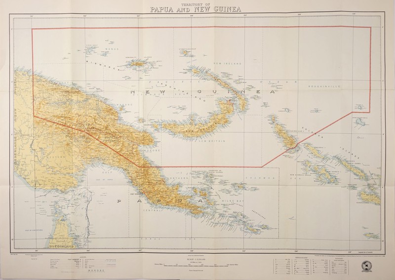 ©IF KANIET IS GROUP PELLELUHU \ Oheina is ST MATTHIAS GROUP NINIGO IS Ahu fa Ssma Is® ’■ lussau I HERMIT ISLANDS C>Aua AloC'I'V Enriunca' 1C Thilenlua SumssumB n I Lu' South ^Tench }• Em ira I p' Wuvulu Murray ^ Sope Sopa,HdjJ-j ;\p vLos Negro Cr'Tong ’Rambutyo I Vogalt- MbuHO1- New Hanoven ] C MatanalemV'^ , Nalgo Umbukul I • A, Petersen Rfs Johnston; Is. Umbukul TINGWON GROUJ? $ Tlngwon I Simberl I SimberfJ, C Tiwl ^ Tatau r TABAR IS tnimo 'abar I jMasahet I ~' wKonu Pt DyaUl I Ncmawilaig LIHIR GROUP Ltsacl C Anomblo'v. Tablll ) NUGURIA IS ^Nugaruba I Sherburne or Doppel Malendok I - Boang SCHOUTEN ISLANDS *'Blupblup Sable /Al6«M-R( Kabakad39*V DUKE On'ORK GROUP Timbri,® Ambitle I Waramung^ Babase ‘jManam I ^STEPHAN Wl loyRwcr , v Pouraipj C Lamt j Duke.of-.'York Blancht'e I GREEN IS Vlflnlpel May Mini. NUKUMANU IS Slrlkcn® V VITU ISLANDS Mutua l Gafove Bailahun Ml Stony C. rsi«rrf-'s»t Bogan | C St George Nukurlkla KILINAILAU IS , Ml'Sjole Nuugurlgia LolobSu I •' °o, UpaV^jlthJon. C Hollman Dabaloua COjc Campbell C MontsV WIUAUMEJ PENINSULA|( ’ Ml Butt C Rungnoun^k Queen Caiola /C Turner Von,... 8 KIMBE BA Y Kata- Hr ** ' jGarua C o «V\ L Kranket I Madang ONTONG JAVA (LORD HOWE IS) T elefomin i Min’, Putputun .Tolokiwa Buka I &s ’■l*'Mt Tankokl A-c isoo ( Sakar I, . Alalro* ert&hTte Wc Orlord Kora pun Kiloma', Sohand' Talof 1 Keila Blvimka®^ , Laiage ; L'Averdy ’ Trap Had Umboi |(Rooke) It River H MarggObui Malmal iNicrWtlo' Mt Hunt BOUGAINVILLE I J. vC King William /c.rlGo’-P^B ARAWE is ! £Kiunga <u,idT ’c °Mr>» ^Menai isJp u,t {jseS* LfHT G yt‘-A” •^-.pMtn; M'GuukP Aweicng 'i’ZEUNE IS \ . 1 GurufoT r? K5 ^Tetokoh® Mnschhafen jbngercm >Gingala c Cretin Maluigi ■a Tami Molevag iiimbakalr C H O I S E U L M O R 0 HUON GULF Gubiatt Laht Murrav* Bwciure ihortland I !'18 iSalus JC Slev TREASURY IS Mono I L A. b Lasanga f©>To«loko PI Stirling I f-Kubuml k'Vjto«rl fl .GIJUNABEANA IS |Kop.igaO LUARD IS tMolot. Hi C-SjC Wane Htrculti B N T A ISABEL I , / AC Megapode ibangara I S^aga Pt * Eel ret l„ Sx'looblx-, Word Hunt i«o6ln.on 8 o Kwarl Einuana I TROBRIAND OR KIRIWINA ISLANDS LUSANCAY ISLANDS AND REEFS | Gwadarab I Ka<J„ , napu I - ^ Slmllndon l'_ - ,f Gabwlna iAl.ig.tor I^^Pae Inaporciko'.O'Albert is Fairtak j * Group GEORGIA I Slmsim ~?j. Basakana I- ’Fulakora Pt -y C Astrolabe . Tuna.bull 8 & l Tfnagaba Hi ij'iMahige i M A L A I T A I iTobriand or Kiriwina I Losuia L.U. 1 Kudav Kaileu( ririo* Klrlwajo *lylerauke Ban lata Pt r Baniath x Rendova I igunu I iamhulimu Saint George PAPUA GULF '•Iwa or Jouveney I Dugumenu In MARSHALL BENNETT IS Kwaiawata I - ten! L'Mbulo ‘C/^ Put Gatukai I Woodlark | NQ.GELA GROUP RUSSELL ISLANDS j C Sucklir Jibuti Maou>ManuWe Radtcai 8 T KidoJ^ tlreclion PI Money I Goodenough ii^Alelau LAUGHLAN IS Cannae I o I r. I /^Budelun Wnelrnu I yxflorida I >Tanotau Pt Pavuvu I  J Alokun ; VW.me 1 J-l’.Wato I G VlnaJI Hama I / $ * ■:>, •Tewara I ft i . Mobuli Dull Pi j Seburula 8 ' L ^^^anaroa or Welle , C/^Kawai Pt VVSON S I \> .WI«deb. ?\ B Banika Wlakau I '.Tabunagor 'Panemote I ^c/keppol Pt / C,Rov ■Wanigela Co//lnguiodiJ BoJ^C- Digaragara Caughtan Hr_C Espcrance 'Anchor Ca. Iron Botlom^ajf N ugu Sound * ■•s5“lai Nugu Pt i T^nwyj Wet l CapeLj Tatcba Lagoon OiOAHk*^/oifc PORT M01 Wipe Pit Portlock Reels Del iverancS C Mourllyan Mt Tenter vogei Baniara , Pt fcoodenough Be Beaufort C' .^Gabba I MLWRAY IS'- !'*Mger ^ ManutfS C Chester! ield’ iC Pierson Mem* England ‘-Ml Clarence InSepal Normanby I Jjl Veatenal V STR lllows Rt BONVOULOIR IS AND REEFS /jstrathord It Hem.low Q Mulgrave I Duncan )t' Cook Shoal “Rt^Three tjgters 'Banks 1 -Hastings Glemis Castle Sketly Belle nj, Loijg Reef fj OWednesday i ■ . Misima I >'• : Ebore »' Bramble PaUji^S HammonS Emerald Rl NFLICT GROUP Panaete >,Mt Ad^lpht Prince of Wales I Epoko iyborn Rl Orela Pocklington cjailmon<J yfjHuJo Vrllya PI •Oaslow Patch >rfordnet k - Madwri^Pt, GULF OF CARPENTAR/A Owilard Rl Rennell I ^MacArlRUr Detached Rl , /tdcutietoh i Cullen PI CAP/ YOfrK , Gren/tlle ^Martha Ridgway '•...Jllaili Rock f Brum)*el\ llome>Vi)d •.Forbes Is .Gallon Rl y ; .Quoin Caoa Ferguton Rl Quoin I Parr Longitude East of Greenwich NMP/58/153. Compiled and drawn for the Department of Territories by Division of National Mapping. Department of National Development. Canberra. A.C.T. GLOSSARY L E G E N 0 ABBREVIATIONS Reprinted 1961 SCALE -1:2,534,400 40 Miles to 1 Inch PORT MORESBY . .... Madang Bogia .Kaiapit Territorial Boundary Swamp Capital of Territories Principal Centres. Shoal Other Centres Statute Miles 0 Patrol Posts Villages Altitude in Feet. 250 Statute Miles Road Other Crown Copyright Reseroed District Boundary and Name. B. .Baal Bay R C. ... Cape DUTCH NEW GUINE A ...Creek .. Channel .-. Range Chan L...LS . ... .Lake(s) Rf.. Rfs ,. .-.Reef(s) Gebergte .Mountain Range Mt_ ‘La&°°n **.— . Rock Heuvels. .Hills Geb .. Gebergte .Mount Sh Shs. - .Shoai(s) Meer Mta..Mtns._. ..Mountam(s) St. .-..Saint Oost_ Pass.... .Passage Str.. .Strait Rlvler_ . . Head Pk.-Pks.. .Peak(s) Tg. —.-.Tandjoeng Tandloeng. . Cape ci .Harbour Pt__. .Point 12'