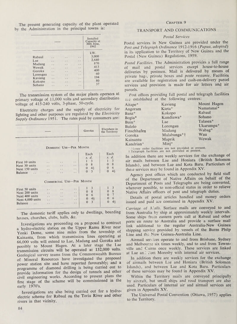 Chapter 9 The present generating capacity of the plant operated by the Administration in the principal towns is: — Installed Capacity at 30th June, 1962 Rabaul kW. 3,000 Lae 2,640 Madang 870 Wewak 413 Goroka 400 Lorengau 60 Kavieng 194 Kokopo 80 Sohano 37 The transmission system of the major plants operates at primary voltage of 11,000 volts and secondary distribution voltage of 415-240 volts, 3-phase, 50-cycle. Electricity charges and the supply of electricity for lighting and other purposes are regulated by the Electricity Supply Ordinance 1951. The rates paid by consumers are: — Goroka Elsewhere in the Territory Domestic Use—Per Month Each Each s. d. s. d. First 10 units 1 3 1 3 Next 30 units 0 8 0 8 Next 150 units 0 4i 0 6 Balance 0 3 0 41 Commercial Use-—Per Month First 50 units 1 3 1 3 Next 200 units 0 8 0 8 Next 400 units 0 6 0 7 Next 4,000 units 0 4± 0 6 Balance 0 3 0 4i The domestic tariff applies only to dwellings, boarding houses, churches, clubs, halls, &c. Investigations are proceeding on a proposal to contract a hydro-electric station on the Upper Raimi River near Yonki Dome, some nine miles from the township of Kainantu, from which transmission lines operating at 66,000 volts will extend to Lae, Madang and Goroka and possibly to Mount Hagen. At a later stage the Lae transmission circuits will be operated at 132,000 volts. Geological survey teams from the Commonwealth Bureau of Mineral Resources have investigated the proposed power station site and have reported favourably; and a programme of diamond drilling is being carried out to provide information for the design of tunnels and other civil engineering works. According to present plans the first stage of the scheme will be commissioned in the early 1970’s. Investigations are also being carried out for a hydro¬ electric scheme for Rabaul on the Toriu River and other rivers in that vicinity. TRANSPORT AND COMMUNICATIONS Postal Services Postal services in New Guinea are provided under the Post and Telegraph Ordinance 1912-1916 (Papua, adopted) in its application to the Territory of New Guinea and the Postal (New Guinea) Regulations, 1959. Postal Facilities. The Administration provides a full range of mail and postal services except house-to-house deliveries by postmen. Mail is delivered by means of private bags private boxes and poste restante. Facilities are available for registration and cash-on-delivery parcel services and provision is made for air letters and air parcels. Post offices providing full postal and telegraph facilities are established at the following centres: Aitape* Kavieng Mount Hagen Angoram Kieta* Namatanai* Banz* Kokopo Rabaul Bogia* Kundiawa* Sohano Buin* Lae Talasea* Bulolo Lorengau Ukarumpa* Finschhafen Madang Wabag* Goroka Malabunga*t Wau Kainantu Maprik Wewak Kandrian* Minj* Money order facilities are not provided at present, f Telegraph facilities are not provided at present. In addition there are weekly services for the exchange of air mails between Lae and Honiara (British Solomon Islands), and between Lae and Kota Baru. Particulars of these services may be found in Appendix XV. Agency post offices which are conducted by field staff of the Department of Native Affairs on behalf of the Department of Posts and Telegraphs are being converted, wherever possible, to non-official status in order to relieve Native Affairs officers of post and telegraph duties. Details of postal articles handled and money orders issued and paid ai-e contained in Appendix XV. Carriage of Mails. Surface mails are conveyed to and from Australia by ship at approximately weekly intervals. Some ships from eastern ports call at Rabaul and other ports en route to Australia and provide a surface mail link additional to the regular Australia-New Guinea shipping service provided by vessels of the Burns Philp Line and the New Guinea-Australia Line. Airmail services operate to and from Brisbane, Sydney and Melbourne six times weekly, and to and from Towns¬ ville and Cairns once weekly. These services are linked at Lae an 2 Port Moresby with internal air services. In addition there are weekly services for the exchange of airmails between Lae and Honiara (British Solomon Islands), and between Lae and Kota Bara. Particulars of these services may be found in Appendix XV. Within the Territory mails are conveyed principally by aircraft, but small ships and road transport are also used. Particulars of internal air and airmail services are given in Appendix XV. The Universal Postal Convention (Ottawa, 1957) applies to the Territory.