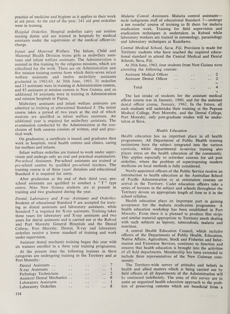 practice of medicine and hygiene as it applies to their work at aid posts. At the end of the year, 241 aid post orderlies were in training. Hospital Orderlies. Hospital orderlies carry out routine nursing duties and are trained in hospitals by medical assistants under the supervision of the medical officer-in¬ charge. Infant and Maternal Welfare. The Infant, Child and Maternal Health Division trains girls as midwifery assis¬ tants and infant welfare assistants. The Administration is assisted in this training by the religious missions, which are subsidized for the work. There are six Administration and five mission training centres from which thirty-seven infant welfare assistants and twelve midwifery assistants graduated in 1962-63. At 30th June, 1963, 31 orderlies and 13 assistants were in training at Administration centres, and 83 assistants at mission centres in New Guinea, and an additional 34 assistants were in training in Administration and mission hospitals in Papua. Midwifery assistants and infant welfare assistants are admitted to training at educational Standard 5. The initial course takes a period of two years at the end of which students are qualified as infant welfare assistants. An additional year is required for midwifery assistants. The examination conducted by the Administration at the con¬ clusion of both courses consists of written, oral and prac¬ tical work. On graduation, a certificate is issued, and graduates then work in hospitals, rural health centres and clinics, caring for mothers and infants. Infant welfare orderlies are trained to work under super¬ vision and undergo only an oral and practical examination. Pre-school Assistants. Pre-school assistants are trained at pre-school centres by qualified pre-school teachers. The training course is of three years’ duration and educational Standard 6 is required for entry. After graduation at the end of their third year, pre¬ school assistants are qualified to conduct a “ T ” type centre. Nine New Guinea students are at present in training and two graduated during the year. Dental, Laboratory and X-ray Assistants and Orderlies. Students of educational Standard 9 are accepted for train¬ ing as dental assistants and laboratory assistants, while Standard 7 is required for X-ray assistants. Training takes three years for laboratory and X-ray assistants and two years for denial assistants and is carried out at the Rabaul and Port Moresby General Hospitals and the Dental College, Port Moresby. Dental, X-ray and laboratory orderlies receive a lower standard of training and work under supervision. Assistant dental mechanic training began this year with six trainees enrolled in a three year training programme. At the present time the following trainees in these categories are undergoing training in the Territory and at Port Moresby: Dental Assistants . . . . . . . . 7 X-ray Assistants .. .. •. 1 Pathology Technicians . . . . 2 Assistant Dental Mechanics .. .. .. 6 Laboratory Assistants .. . . 1 Laboratory Orderlies . . .. .. 8 Malaria Conrol Assistants. Malaria control assistants— male indigenous staff of educational Standard 7—undergo a ten months’ course of training to fit them for malaria eradication work. Training for field supervision and eradication techniques is undertaken in Rabaul while laboratory workers are trained in entomology, parasitology and laboratory techniques at Kundiawa. Central Medical School, Suva, Fiji. Provision is made for Territory students who have reached the required educa¬ tional standard to attend the Central Medical and Dental Schools, Suva, Fiji. At 30th June, 1963, four students from New Guinea were attending the following courses: Assistant Medical Officer . . . . . . 2 Assistant Dental Officer . . .. 2 Total . . . . . . 4 The last intake of students for the assistant medical officer course was in January, 1960, and for the assistant dental officer course, January, 1962. In the future, all such students will undertake their training at the Papuan Medical College, Port Moresby, and the Dental College, Port Moresby; only post-graduate studies will be under¬ taken at Suva. Health Education Health education has an important place in all health programmes. All Department of Public Health training institutions have the subject integrated into the various curricula, whilst departmental in-service training also places stress on the health education of the community. This applies especially to refresher courses for aid post orderlies, where the problem of superimposing modern medicine on local methods is fully considered. Newly-appointed officers of the Public Service receive an introduction to health education at the Australian School of Pacific Administration or at orientation courses on arrival in the Territory. Cadet education officers take a series of lectures in the subject and schools throughout the Territory devote an appropriate length of time to it in the school syllabus. Health education plays an important part in gaining acceptance for the malaria eradication programme. A health education workshop has been established in Port Moresby. From there it is planned to produce film strips and similar material appropriate to Territory needs dealing with such subjects as leprosy, tuberculosis, malaria and nutrition. A central Health Education Council, which includes officers of the Departments of Public Health, Education, Native Affairs, Agriculture, Stock and Fisheries and Infor¬ mation and Extension Services, continues to function and ensures that health education is brought into the activities of all field departments. Membership has been extended to include three representatives of the New Guinean com¬ munity. The Territory-wide survey of attitudes and beliefs in health and allied matters which is being carried out by field officers of all departments of the Administration will b2 continued indefinitely. The aims of this survey are to assist an organized health education approach to the prob¬ lem of preserving customs which are beneficial from a