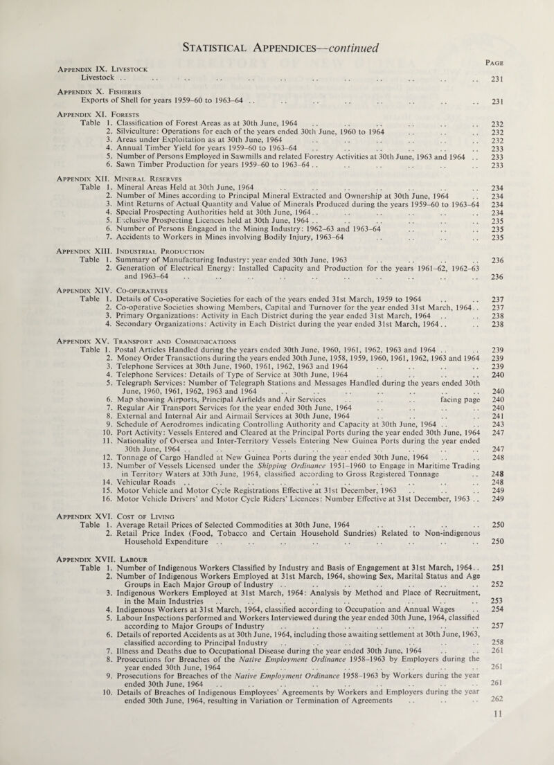 Page Appendix IX. Livestock Livestock .. .. .. .. .. .. .. .. .. .. .. ..231 Appendix X. Fisheries Exports of Shell for years 1959-60 to 1963-64 .. .. .. .. .. .. .. ..231 Appendix XI. Forests Table 1. Classification of Forest Areas as at 30th June, 1964 .. .. .. .. .. .. 232 2. Silviculture: Operations for each of the years ended 30th June, 1960 to 1964 .. .. .. 232 3. Areas under Exploitation as at 30th June, 1964 .. .. .. .. .. 232 4. Annual Timber Yield for years 1959-60 to 1963-64 .. .. .. .. .. .. 233 5. Number of Persons Employed in Sawmills and related Forestry Activities at 30th June, 1963 and 1964 .. 233 6. Sawn Timber Production for years 1959-60 to 1963-64 .. .. .. .. .. .. 233 Appendix XII. Mineral Reserves Table 1. Mineral Areas Held at 30th June, 1964 .. .. .. .. .. .. .. 234 2. Number of Mines according to Principal Mineral Extracted and Ownership at 30th June, 1964 . . 234 3. Mint Returns of Actual Quantity and Value of Minerals Produced during the years 1959-60 to 1963-64 234 4. Special Prospecting Authorities held at 30th June, 1964.. .. .. .. .. .. 234 5. Exclusive Prospecting Licences held at 30th June, 1964 .. .. .. .. .. .. 235 6. Number of Persons Engaged in the Mining Industry: 1962-63 and 1963-64 .. .. .. 235 7. Accidents to Workers in Mines involving Bodily Injury, 1963-64 .. .. .. .. 235 Appendix XIII. Industrial Production Table 1. Summary of Manufacturing Industry: year ended 30th June, 1963 .. .. .. .. 236 2. Generation of Electrical Energy: Installed Capacity and Production for the years 1961-62, 1962-63 and 1963-64 .. .. .. .. .. .. .. .. .. .. 236 Appendix XIV. Co-operatives Table 1. Details of Co-operative Societies for each of the years ended 31st March, 1959 to 1964 .. .. 237 2. Co-operative Societies showing Members, Capital and Turnover for the year ended 31st March, 1964.. 237 3. Primary Organizations: Activity in Each District during the year ended 31st March, 1964 .. .. 238 4. Secondary Organizations: Activity in Each District during the year ended 31st March, 1964 .. .. 238 Appendix XV. Transport and Communications Table 1. Postal Articles Handled during the years ended 30th June, 1960, 1961, 1962, 1963 and 1964 .. .. 239 2. Money Order Transactions during the years ended 30th June, 1958, 1959, 1960, 1961, 1962, 1963 and 1964 239 3. Telephone Services at 30th June, 1960, 1961, 1962, 1963 and 1964 . . .. .. 239 4. Telephone Services: Details of Type of Service at 30th June, 1964 .. .. .. .. 240 5. Telegraph Services: Number of Telegraph Stations and Messages Handled during the years ended 30th June, 1960, 1961, 1962, 1963 and 1964 .. .. .. .. .. .. ..240 6. Map showing Airports, Principal Airfields and Air Services . . facing page 240 7. Regular Air Transport Services for the year ended 30th June, 1964 .. .. .. .. 240 8. External and Internal Air and Airmail Services at 30th June, 1964 .. .. .. .. 241 9. Schedule of Aerodromes indicating Controlling Authority and Capacity at 30th June, 1964 .. . . 243 10. Port Activity: Vessels Entered and Cleared at the Principal Ports during the year ended 30th June, 1964 247 11. Nationality of Oversea and Inter-Territory Vessels Entering New Guinea Ports during the year ended 30th June, 1964 . . .. .. .. .. .. .. .. .. 247 12. Tonnage of Cargo Handled at New Guinea Ports during the year ended 30th June, 1964 .. .. 248 13. Number of Vessels Licensed under the Shipping Ordinance 1951-1960 to Engage in Maritime Trading in Territory Waters at 30th June, 1964, classified according to Gross Registered Tonnage .. 248 14. Vehicular Roads .. .. .. .. .. .. .. .. .. .. 248 15. Motor Vehicle and Motor Cycle Registrations Effective at 31st December, 1963 .. .. .. 249 16. Motor Vehicle Drivers’ and Motor Cycle Riders’ Licences: Number Effective at 31st December, 1963 .. 249 Appendix XVI. Cost of Living Table 1. Average Retail Prices of Selected Commodities at 30th June, 1964 .. .. .. .. 250 2. Retail Price Index (Food, Tobacco and Certain Household Sundries) Related to Non-indigenous Household Expenditure .. .. .. .. .. .. .. .. .. 250 Appendix XVII. Labour Table 1. Number of Indigenous Workers Classified by Industry and Basis of Engagement at 31st March, 1964.. 251 2. Number of Indigenous Workers Employed at 31st March, 1964, showing Sex, Marital Status and Age Groups in Each Major Group of Industry .. .. .. .. .. .. .. 252 3. Indigenous Workers Employed at 31st March, 1964: Analysis by Method and Place of Recruitment, in the Main Industries .. .. .. .. .. .. .. .. .. 253 4. Indigenous Workers at 31st March, 1964, classified according to Occupation and Annual Wages .. 254 5. Labour Inspections performed and Workers Interviewed during the year ended 30th June, 1964, classified according to Major Groups of Industry .. .. .. .. .. .. .. 257 6. Details of reported Accidents as at 30th June, 1964, including those awaiting settlement at 30th June, 1963, classified according to Principal Industry .. .. .. .. .. .. .. 258 7. Illness and Deaths due to Occupational Disease during the year ended 30th June, 1964 . . .. 261 8. Prosecutions for Breaches of the Native Employment Ordinance 1958-1963 by Employers during the year ended 30th June, 1964 .. .. .. .. .. .. .. •• 261 9. Prosecutions for Breaches of the Native Employment Ordinance 1958-1963 by Workers during the year ended 30th June, 1964 .. .. .. .. .. .. .. •. 261 10. Details of Breaches of Indigenous Employees’ Agreements by Workers and Employers during the year ended 30th June, 1964, resulting in Variation or Termination of Agreements .. .. 262