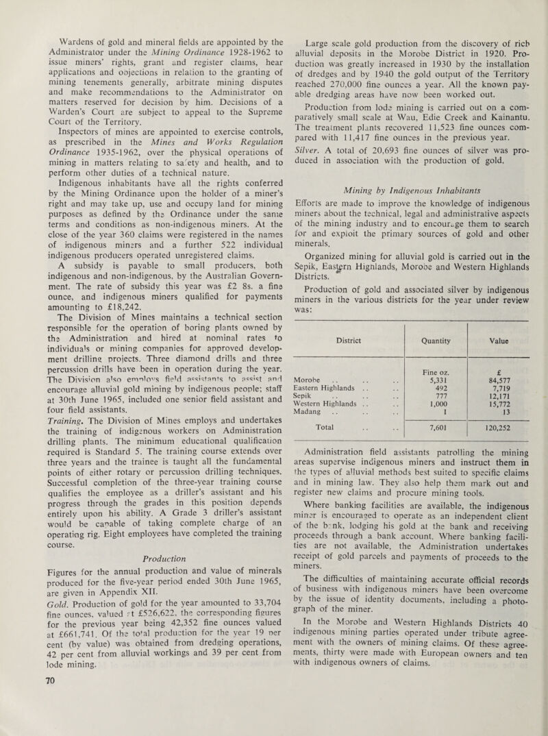 Wardens of gold and mineral fields are appointed by the Administrator under the Mining Ordinance 1928-1962 to issue miners’ rights, grant and register claims, hear applications and objections in relation to the granting of mining tenements generally, arbitrate mining disputes and make recommendations to the Administrator on matters reserved for decision by him. Decisions of a Warden’s Court are subject to appeal to the Supreme Court of the Territory. Inspectors of mines are appointed to exercise controls, as prescribed in the Mines and Works Regulation Ordinance 1935-1962, over the physical operations of mining in matters relating to salety and health, and to perform other duties of a technical nature. Indigenous inhabitants have all the rights conferred by the Mining Ordinance upon the holder of a miner’s right and may take up, use and occupy land for mining purposes as defined by the Ordinance under the same terms and conditions as non-indigenous miners. At the close of the year 360 claims were registered in the names of indigenous miners and a further 522 individual indigenous producers operated unregistered claims. A subsidy is payable to small producers, both indigenous and non-indigenous, by the Australian Govern¬ ment. The rate of subsidy this year was £2 8s. a fine ounce, and indigenous miners qualified for payments amounting to £18,242. The Division of Mines maintains a technical section responsible for the operation of horing plants owned by the Administration and hired at nominal rates to individuals or mining companies for approved develop¬ ment drilling projects. Three diamond drills and three percussion drills have been in operation during the year. The Divis'on a’so emnlo^s fieM assistants tG a«sist and encourage alluvial gold mining by indigenous people; staff at 30th June 1965, included one senior field assistant and four field assistants. Training. The Division of Mines employs and undertakes the training of indigenous workers on Administration drilling plants. The minimum educational qualification required is Standard 5. The training course extends over three years and the trainee is taught all the fundamental points of either rotary or percussion drilling techniques. Successful completion of the three-year training course qualifies the employee as a driller’s assistant and his progress through the grades in this position depends entirely upon his ability. A Grade 3 driller’s assistant would be capable of taking complete charge of an operating rig. Eight employees have completed the training course. Production Figures for the annual production and value of minerals produced for the five-year period ended 30th June 1965, are given in Appendix XII. Gold. Production of gold for the year amounted to 33,704 fine ounces, valued rt £526,622, the corresponding figures for the previous year being 42,352 fine ounces valued at £661,741. Of the tofal production for the year 19 ner cent (by value) was obtained from dredging operations, 42 per cent from alluvial workings and 39 per cent from lode mining. Large scale gold production from the discovery of rich alluvial deposits in the Morobe District in 1920. Pro¬ duction was greatly increased in 1930 by the installation of dredges and by 1940 the gold output of the Territory reached 270,000 fine ounces a year. All the known pay¬ able dredging areas have now been worked out. Production from lode mining is carried out on a com¬ paratively small scale at Wau, Edie Creek and Kainantu. The treatment plants recovered 11,523 fine ounces com¬ pared with 11,417 fine ounces in the previous year. Silver. A total of 20,693 fine ounces of silver was pro¬ duced in association with the production of gold. Mining by Indigenous Inhabitants Efforts are made to improve the knowledge of indigenous miners about the technical, legal and administrative aspects of the mining industry and to encourage them to search for and exploit the primary sources of gold and other minerals. Organized mining for alluvial gold is carried out in the Sepik, Eastern Elighlands, Morobe and Western Highlands Districts. Production of gold and associated silver by indigenous miners in the various districts for the year under review was: District Quantity Value Fine oz. £ Morobe 5,331 84,577 Eastern Highlands .. 492 7,719 Sepik 777 12,171 Western Highlands .. 1,000 15,772 Madang 1 13 Total 7,601 120,252 Administration field assistants patrolling the mining areas supervise indigenous miners and instruct them in the types of alluvial methods best suited to specific claims and in mining law. They also help them mark out and register new claims and procure mining tools. Where banking facilities are available, the indigenous miner is encouraged to operate as an independent client of the brnk, lodging his gold at the bank and receiving proceeds through a bank account. Where banking facili¬ ties are not available, the Administration undertakes receipt of gold parcels and payments of proceeds to the miners. The difficulties of maintaining accurate official records of business with indigenous miners have been overcome by the issue of identity documents, including a photo¬ graph of the miner. In the Morobe and Western Highlands Districts 40 indigenous mining parties operated under tribute agree¬ ment with the owners of mining claims. Of these agree¬ ments, thirty were made with European owners and ten with indigenous owners of claims.