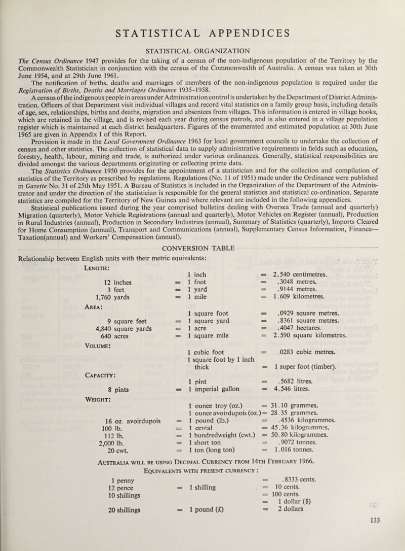 STATISTICAL APPENDICES STATISTICAL ORGANIZATION The Census Ordinance 1947 provides for the taking of a census of the non-indigenous population of the Territory by the Commonwealth Statistician in conjunction with the census of the Commonwealth of Australia. A census was taken at 30th June 1954, and at 29th June 1961. The notification of births, deaths and marriages of members of the non-indigenous population is required under the Registration of Births, Deaths and Marriages Ordinance 1935-1958. A census of the indigenous people in areas under Administration control is undertaken by the Department of District Adminis¬ tration. Officers of that Department visit individual villages and record vital statistics on a family group basis, including details of age, sex, relationships, births and deaths, migration and absentees from villages. This information is entered in village books, which are retained in the village, and is revised each year during census patrols, and is also entered in a village population register which is maintained at each district headquarters. Figures of the enumerated and estimated population at 30th June 1965 are given in Appendix I of this Report. Provision is made in the Local Government Ordinance 1963 for local government councils to undertake the collection of census and other statistics. The collection of statistical data to supply administrative requirements in fields such as education, forestry, health, labour, mining and trade, is authorized under various ordinances. Generally, statistical responsibilities are divided amongst the various departments originating or collecting prime data. The Statistics Ordinance 1950 provides for the appointment of a statistician and for the collection and compilation of statistics of the Territory as prescribed by regulations. Regulations (No. 11 of 1951) made under the Ordinance were published in Gazette No. 31 of 25th May 1951. A Bureau of Statistics is included in the Organization of the Department of the Adminis¬ trator and under the direction of the statistician is responsible for the general statistics and statistical co-ordination. Separate statistics are compiled for the Territory of New Guinea and where relevant are included in the following appendices. Statistical publications issued during the year comprised bulletins dealing with Oversea Trade (annual and quarterly) Migration (quarterly). Motor Vehicle Registrations (annual and quarterly), Motor Vehicles on Register (annual), Production in Rural Industries (annual). Production in Secondary Industries (annual), Summary of Statistics (quarterly), Imports Cleared for Home Consumption (annual), Transport and Communications (annual), Supplementary Census Information, Finance— Taxation(annual) and Workers’ Compensation (annual). CONVERSION TABLE Relationship between English units with their metric equivalents: ~ . Length: 1 inch = 2.540 centimetres. 12 inches = 1 foot = .3048 metres. 3 feet = 1 yard = .9144 metres. 1,760 yards = 1 mile — 1.609 kilometres. Area: 1 square foot = .0929 square metres. 9 square feet = 1 square yard = .8361 square metres. 4,840 square yards = 1 acre = .4047 hectares. 640 acres = 1 square mile = 2.590 square kilometres. Volume: 1 cubic foot = .0283 cubic metres. 1 square foot by 1 inch thick = 1 super foot (timber). Capacity: 1 pint = .5682 litres. 8 pints - 1 imperial gallon = 4.546 litres. Weight: 1 ounce troy (oz.) = 31.10 grammes. 1 ounce avoirdupois (oz.) = 28.35 grammes. 16 oz. avoirdupois = 1 pound (lb.) = .4536 kilogrammes. 100 lb. — 1 cental = 45.36 kilogrammes. 112 lb. = 1 hundredweight (cwt.) = 50.80 kilogrammes. 2,000 lb. = 1 short ton = .9072 tonnes. 20 cwt. — 1 ton (long ton) = 1.016 tonnes. Australia will be using Decimal Currency from 14th February 1966. Equivalents with present currency : 1 penny 12 pence = 1 shilling 10 shillings 20 shillings = 1 pound (£) = .8333 cents. = 10 cents. = 100 cents. = 1 dollar ($) = 2 dollars