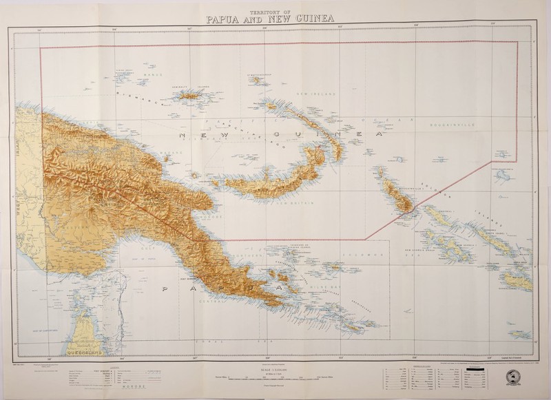 TERMTO1RY ©IF PELLELUHU -IIGO IS HERMIT ISLANDS . TowI I ros I , f*1 Tong I Pah I ^HORNO IS ?4 , Bunai Rambutyo ;tiSS2&'-' \ <4 l Imhukul I 1. * Al Simberi S.mbcrF^ C Tlwi , . TABAR IS TINGWON GROU.P ? janimo (inuPt__^ Masahet LIHIR GROUP TANGA IS Boang I Nugaruba Malendok I Vfc SCHOUTEN ISLANDS Chrhovlao/ f Trlng ^ _ _K*iaJo»)»i DUKE OF YORf GROUP . dPabautr* 'Babase -Aflfc-t.T' iManam :risM w * GREEN IS ftpinlpel I A D A N G Karkar I ■*- _ * VITU ISLANDS J^undo. I Gafove Yecoli ; Malumlekt ■'•C Bunbur P»lli«' Bagabag I Lolobflu I • Son. , -The ?1 UP*1'0 IV*?* V.C Csmobell ONTONG JAVA (LORD HOWE IS) KIM BE BAY pMexisjiaf^n *Madang III! Bill Astrolabe Boy .Tolokiwa Soham Talof rC OrtljriJ Umboi (Rooke) l\ T^nahmej Torokina iZEUNE IS Finschhafen Portland i * * ^ SUM O R 0 HUON GULF TREASURY IS Mono I C '\ikon-° GIJUNA6EANA IS oMo«i Vella Lavella I ff*n^ (/v£h> Kolombangara I IUSANCAY ISLANDS AND REEFS ’Fulahorj Pi -y / Wabuda I CfW^Umujla K°«l>u *lvval , 'Ab.ur.. I Trobriand or Kiriwina I Rtsarao Pi 9s» 3-imata PI / ' Banlaih^ Rendova l‘ Plyierauke PAPUA GULF MARSHALL BENNETT IS NQGELA GROUP Woodlark I :ll islands ^Florida I U<T- \ Banika I Pavuvu Aiok* Goodenou&tr StraehanJ !*«ppei Pi I’amiela Collingu’c PORT MOl Baniara Normanby I bonvouloir is and reefs ; V«n|en«i ^Slralhofd Is Mulgrave Banks t Glimii CaHl* Misima I .*<“* C Ebon. *' TORREs r-CtaC H*Jnry Bwagaoia ltt rbnard is Klmola^j* . .EPOkc .Basses Is I 1 cSnFLICT GROUP Panaete Adolpf y^EBbYNE Prince of Wales “•V-ADO? CHAIN jle Palcbej *• -i GULF OF CARPENTARIA Rennell I Cullen Longitude East of Greenwich Compiled and drawn lor the Department of Territories by Division of National Mapping. Department of National Development. Canberra. A.C.T. 1958 GLOSSARY Simple Conic (Modified) Prolection NMP/58/153 1 PORT MORESBY e Madang o Capital of Territories Swamp Shoal Reel Principal Centres Other Centres Statute Miles 0 250 Statute Miles Patrol Posts Kaiapit Other Oistrict Boundary and N. B_... .Baal.-Bay I...J*_ ... isiend(s) R..._. .Rlvler... River Creek - isiet(s) Ra_ RL. Rfs... .. . Range ...Reet(s) Gebergte... -Mountain.. Range Channel Ent. . . Entrance Mt Mount Sh Shs Geb .Gebergte Mtn .Mtns_ Mountam(s) St 14 Hill Pass.. . Head Pk.Pks.. .Harbour Pt_... .Point