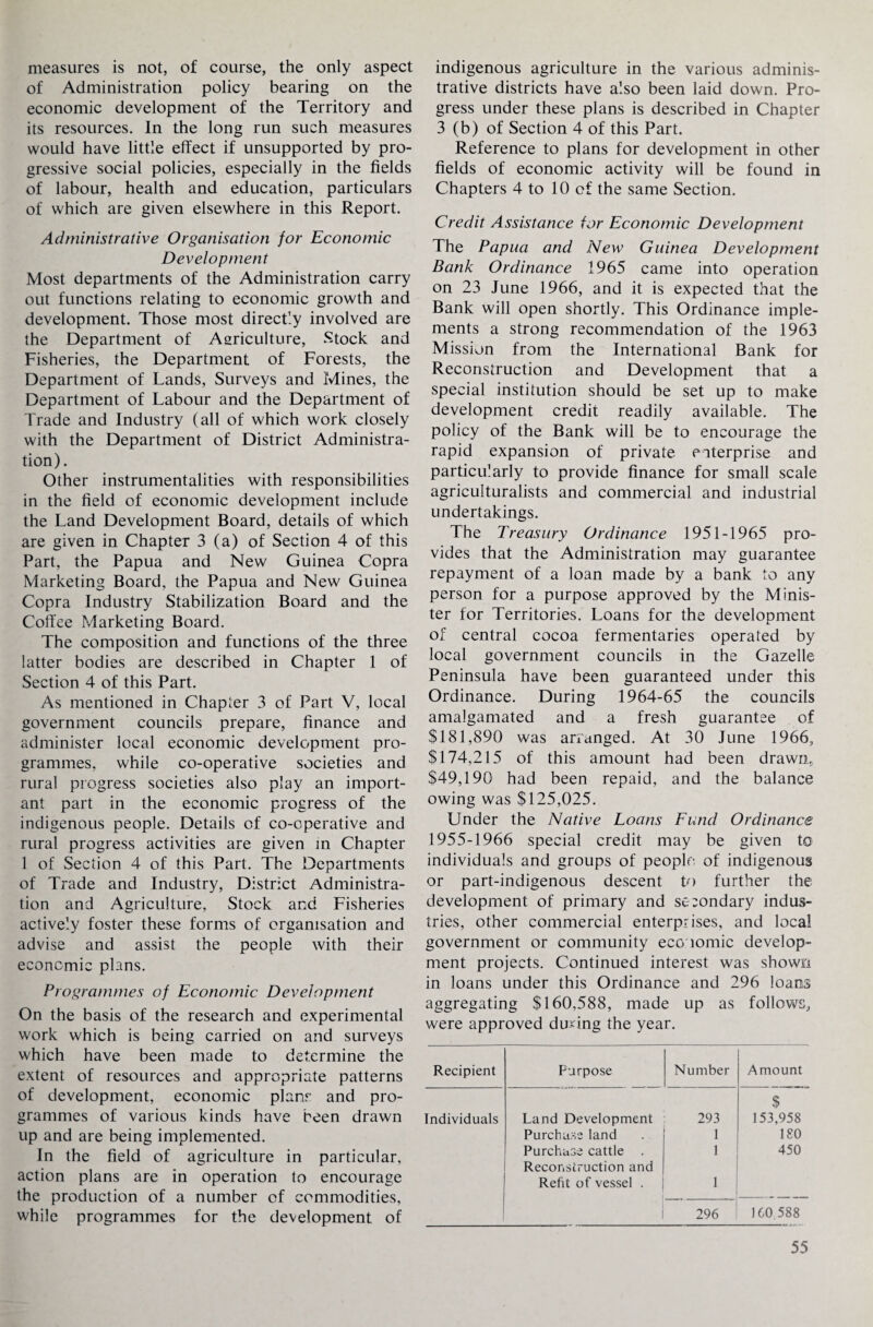 measures is not, of course, the only aspect of Administration policy bearing on the economic development of the Territory and its resources. In the long run such measures would have little effect if unsupported by pro¬ gressive social policies, especially in the fields of labour, health and education, particulars of which are given elsewhere in this Report. Administrative Organisation for Economic Development Most departments of the Administration carry out functions relating to economic growth and development. Those most directly involved are the Department of Agriculture, Stock and Fisheries, the Department of Forests, the Department of Lands, Surveys and Mines, the Department of Labour and the Department of Trade and Industry (all of which work closely with the Department of District Administra¬ tion). Other instrumentalities with responsibilities in the field of economic development include the Land Development Board, details of which are given in Chapter 3 (a) of Section 4 of this Part, the Papua and New Guinea Copra Marketing Board, the Papua and New Guinea Copra Industry Stabilization Board and the Coffee Marketing Board. The composition and functions of the three latter bodies are described in Chapter 1 of Section 4 of this Part. As mentioned in Chapter 3 of Part V, local government councils prepare, finance and administer local economic development pro¬ grammes, while co-operative societies and rural progress societies also play an import¬ ant part in the economic progress of the indigenous people. Details of co-operative and rural progress activities are given in Chapter 1 of Section 4 of this Part. The Departments of Trade and Industry, District Administra¬ tion and Agriculture, Stock and Fisheries actively foster these forms of organisation and advise and assist the people with their economic plans. Programmes of Economic Development On the basis of the research and experimental work which is being carried on and surveys which have been made to determine the extent of resources and appropriate patterns of development, economic plans and pro¬ grammes of various kinds have been drawn up and are being implemented. In the field of agriculture in particular, action plans are in operation to encourage the production of a number of commodities, while programmes for the development of indigenous agriculture in the various adminis¬ trative districts have also been laid down. Pro¬ gress under these plans is described in Chapter 3 (b) of Section 4 of this Part. Reference to plans for development in other fields of economic activity will be found in Chapters 4 to 10 of the same Section. Credit Assistance for Economic Development The Papua and New Guinea Development Bank Ordinance 1965 came into operation on 23 June 1966, and it is expected that the Bank will open shortly. This Ordinance imple¬ ments a strong recommendation of the 1963 Mission from the International Bank for Reconstruction and Development that a special institution should be set up to make development credit readily available. The policy of the Bank will be to encourage the rapid expansion of private enterprise and particularly to provide finance for small scale agriculturalists and commercial and industrial undertakings. The Treasury Ordinance 1951-1965 pro¬ vides that the Administration may guarantee repayment of a loan made by a bank to any person for a purpose approved by the Minis¬ ter for Territories. Loans for the development of central cocoa fermentaries operated by local government councils in the Gazelle Peninsula have been guaranteed under this Ordinance. During 1964-65 the councils amalgamated and a fresh guarantee of $181,890 was arranged. At 30 June 1966, $174,215 of this amount had been drawn, $49,190 had been repaid, and the balance owing was $125,025. Under the Native Loans Fund Ordinance 1955-1966 special credit may be given to individuals and groups of people of indigenous or part-indigenous descent to further the development of primary and secondary indus¬ tries, other commercial enterprises, and local government or community economic develop¬ ment projects. Continued interest was shown in loans under this Ordinance and 296 loans aggregating $160,588, made up as follows, were approved during the year. Recipient Purpose Number Amount Individuals Land Development 293 $ 153,958 Purchase land 1 180 Purchase cattle . 1 450 Reconstruction and Refit of vessel . 1 296 160.588