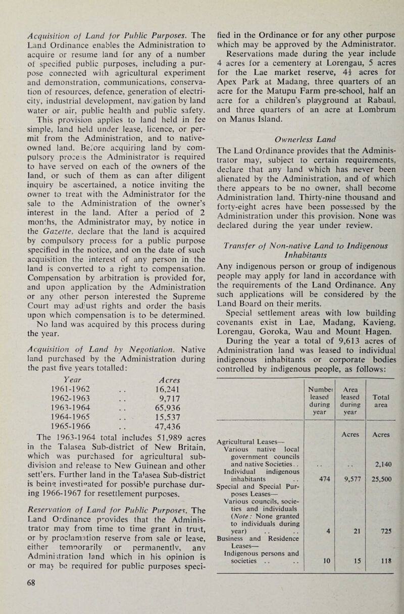 Acquisition of Land for Public Purposes. The Land Ordinance enables the Administration to acquire or resume land for any of a number of specified public purposes, including a pur¬ pose connected with agricultural experiment and demonstration, communications, conserva¬ tion of resources, defence, generation of electri¬ city, industrial development, navigation by land water or air, public health and public safety. This provision applies to land held in fee simple, land held under lease, licence, or per¬ mit from the Administration, and to native- owned land. Before acquiring land by com¬ pulsory process the Administrator is required to have served on each of the owners of the land, or such of them as can after diligent inquiry be ascertained, a notice inviting the owner to treat with the Administrator for the sale to the Administration of the owner’s interest in the land. After a period of 2 months, the Administrator may, by notice in the Gazette, declare that the land is acquired by compulsory process for a public purpose specified in the notice, and on the date of such acquisition the interest of any person in the land is converted to a right to compensation. Compensation by arbitration is provided for, and upon application by the Administration or any other person interested the Supreme Court may ad'ust rights and order the basis upon which compensation is to be determined. No land was acquired by this process during the year. Acquisition of Land by Negotiation. Native land purchased by the Administration during the past five years totalled: Year Acres 1961- 1962 .. 16,241 1962- 1963 .. 9,717 1963- 1964 .. 65,936 1964- 1965 .. 15,537 1965- 1966 .. 47,436 The 1963-1964 total includes 51,989 acres in the Talasea Sub-district of New Britain, which was purchased for agricultural sub¬ division and release to New Guinean and other sett'ers. Further land in the Ta’asea Sub-district is bein<* investigated for possib’e purchase dur¬ ing 1966-1967 for resettlement purposes. Reservation of I.and for Public Purposes. The Land Ordinance provides that the Adminis¬ trator may from time to time grant in trust, or by proclamation reserve from sale or lease, either temporarily or permanentlv, anv Administration land which in his opinion is or ma) be required for public purposes speci¬ fied in the Ordinance or for any other purpose which may be approved by the Administrator. Reservations made during the year include 4 acres for a cementery at Lorengau, 5 acres for the Lae market reserve, 4f acres for Apex Park at Madang, three quarters of an acre for the Matupu Farm pre-school, half an acre for a children’s playground at Rabaul, and three quarters of an acre at Lombrum on Manus Island. Ownerless Land The Land Ordinance provides that the Adminis¬ trator may, subject to certain requirements, declare that any land which has never been alienated by the Administration, and of which there appears to be no owner, shall become Administration land. Thirty-nine thousand and forty-eight acres have been possessed by the Administration under this provision. None was declared during the year under review. Transfer of Non-native Land to Indigenous Inhabitants Any indigenous person or group of indigenous people may apply for land in accordance with the requirements of the Land Ordinance. Any such applications will be considered by the Land Board on their merits. Special settlement areas with low building covenants exist in Lae, Madang, Kavieng, Lorengau, Goroka, Wau and Mount Hagen. During the year a total of 9,613 acres of Administration land was leased to individual indigenous inhabitants or corporate bodies controlled by indigenous people, as follows: Numbei leased during year Area leased during year Total area Agricultural Leases— Various native local government councils and native Societies.. Acres Acres 2,140 Individual indigenous inhabitants 474 9,577 25,500 Special and Special Pur¬ poses Leases— Various councils, socie¬ ties and individuals {Note: None granted to individuals during year) 4 21 725 Business and Residence Leases— Indigenous persons and societies .. 10 15 118