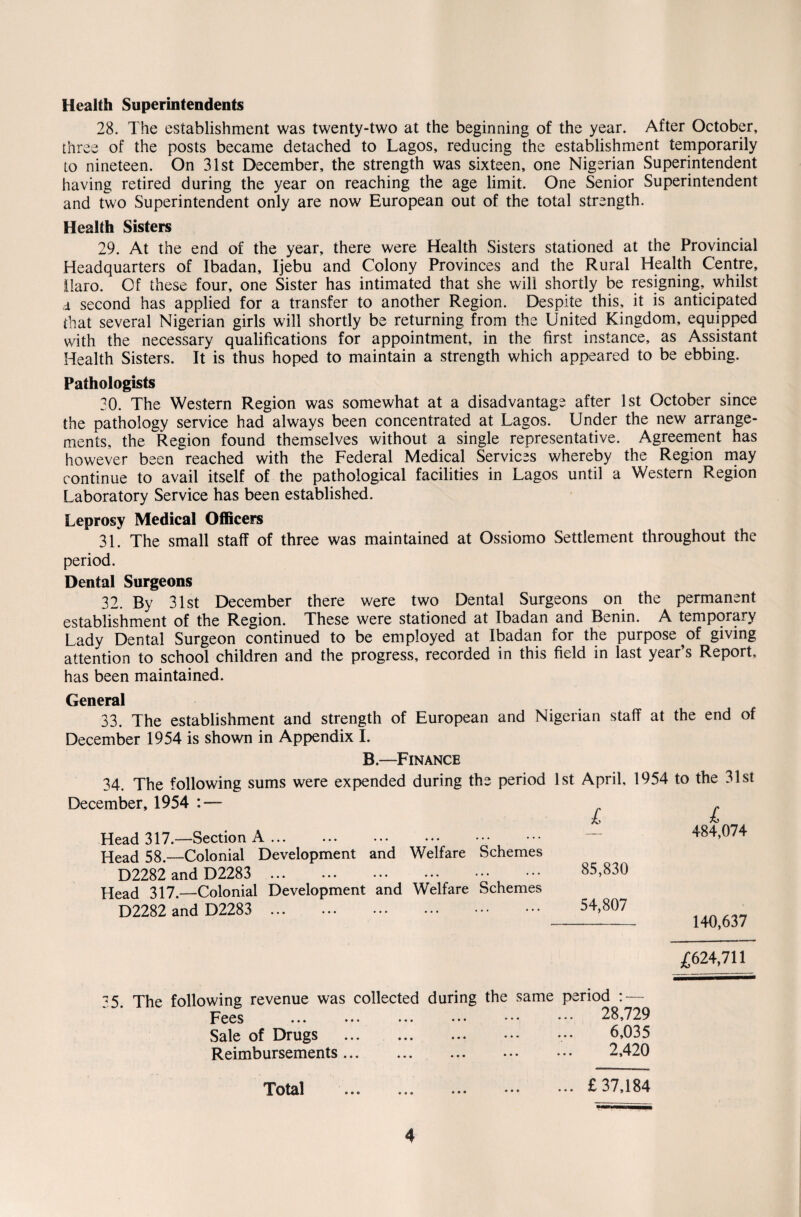 Health Superintendents 28. The establishment was twenty-two at the beginning of the year. After October, three of the posts became detached to Lagos, reducing the establishment temporarily to nineteen. On 31st December, the strength was sixteen, one Nigerian Superintendent having retired during the year on reaching the age limit. One Senior Superintendent and two Superintendent only are now European out of the total strength. Health Sisters 29. At the end of the year, there were Health Sisters stationed at the Provincial Headquarters of Ibadan, Ijebu and Colony Provinces and the Rural Health Centre, Haro. Of these four, one Sister has intimated that she will shortly be resigning, whilst i second has applied for a transfer to another Region. Despite this, it is anticipated that several Nigerian girls will shortly be returning from the United Kingdom, equipped with the necessary qualifications for appointment, in the first instance, as Assistant Health Sisters. It is thus hoped to maintain a strength which appeared to be ebbing. Pathologists 30. The Western Region was somewhat at a disadvantage after 1st October since the pathology service had always been concentrated at Lagos. Under the new arrange¬ ments, the Region found themselves without a single representative. Agreement has however been reached with the Federal Medical Services whereby the Region may continue to avail itself of the pathological facilities in Lagos until a Western Region Laboratory Service has been established. Leprosy Medical Officers 31. The small staff of three was maintained at Ossiomo Settlement throughout the period. Dental Surgeons 32. By 31st December there were two Dental Surgeons on the permanent establishment of the Region. These were stationed at Ibadan and Benin. A temporary Lady Dental Surgeon continued to be employed at Ibadan for the purpose of giving attention to school children and the progress, recorded in this field in last year’s Report, has been maintained. General 33. The establishment and strength of European and Nigerian staff at the end of December 1954 is shown in Appendix I. B.—Finance 34. The following sums were expended during the period December, 1954 : — Head 317.—Section A... Head 58.—Colonial Development and Welfare Schemes D2282 and D2283 . Head 317.—Colonial Development and Welfare Schemes D2282 and D2283 . 1st April, 1954 to the 31st £ £ — 484,074 85,830 54,807 - 140,637 35. The following revenue was collected during the same period : — Fees ... ••• ••• • • • 28,729 Sale of Drugs ... ... ... *•• ••• 6,035 Reimbursements. 2,420 Total £37,184 £624,711