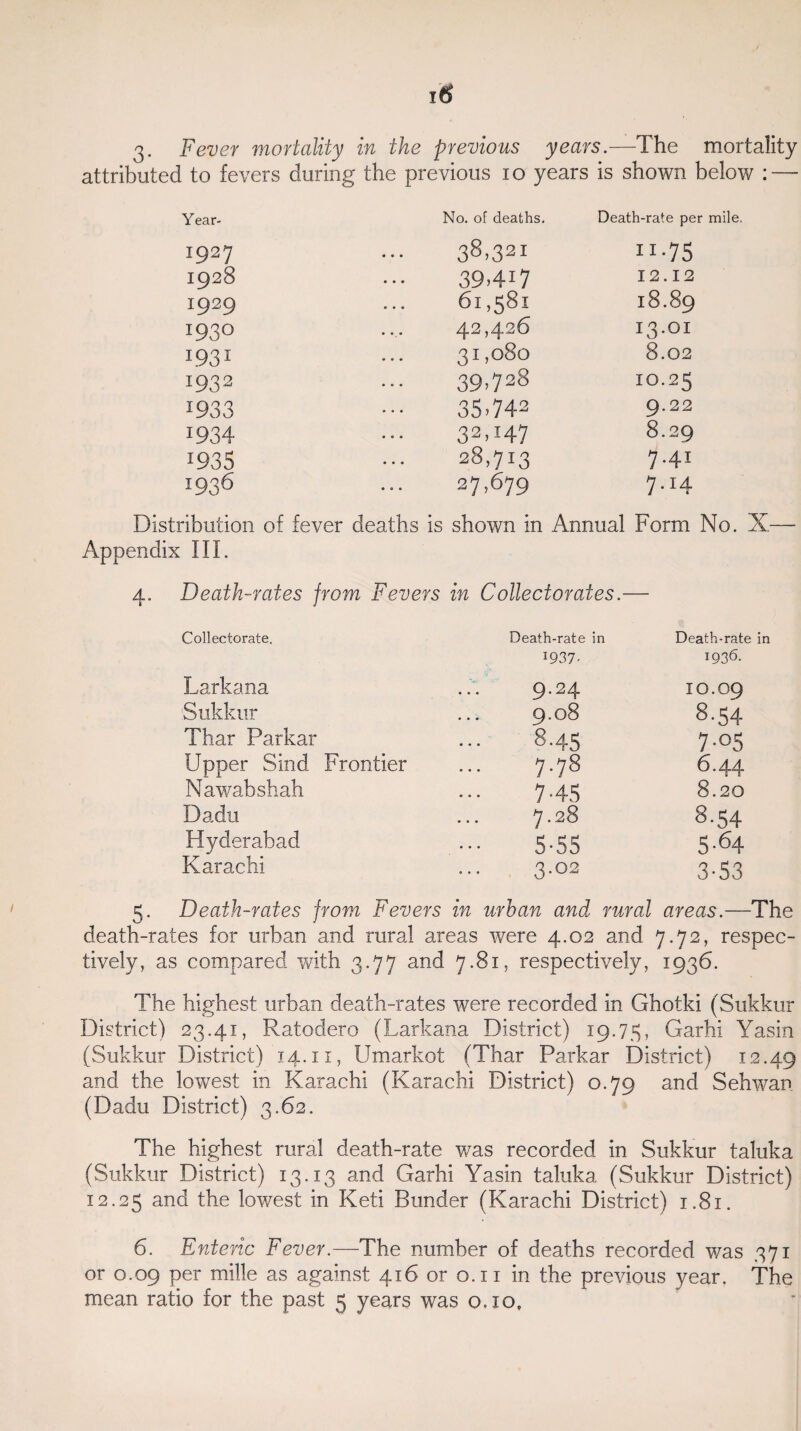 3. Fever mortality in the previous years.—The mortality attributed to fevers during the previous 10 years is shown below : — Y ear- Mo. of deaths. Death-rate per mile. 1927 38,321 n-75 1928 39.4U 12.12 1929 61,581 18.89 1930 42,426 13.01 I93I 31,080 8.02 1932 39,728 10.25 I933 35.742 9.22 1934 32>r47 8.29 J935 28,713 7.41 1936 27,679 7.14 Distribution of fever deaths is Appendix III. shown in Annual Form No. X- 4. Death-rates from Fevers in Collect or ate s.- Collectorate. Death-rate in Death-rate in 1937- 1936. Larkana 9.24 IO.O9 Sukkur 9.08 8-54 Thar Parkar 8.45 7-°5 Upper Sind Frontier 7-78 6.44 Nawabshah 7-45 8.20 Dadu 7.28 8-54 Hyderabad 5-55 5-64 Karachi 3.02 3-53 5. Death-rates from Fevers in urban and rural areas.—The death-rates for urban and rural areas were 4.02 and 7.72, respec¬ tively, as compared with 3.77 and 7.81, respectively, 1936. The highest urban death-rates were recorded in Ghotki (Sukkur District) 23.41, Ratodero (Larkana District) 19.75, Garhi Yasin (Sukkur District) 14.11, Umarkot (Thar Parkar District) 12.49 and the lowest in Karachi (Karachi District) 0.79 and Sehwan (Dadu District) 3.62. The highest rural death-rate was recorded in Sukkur taluka (Sukkur District) 13.13 and Garhi Yasin taluka (Sukkur District) 12.25 anc^ lowest in Keti Bunder (Karachi District) 1.81. 6. Enteric Fever.—The number of deaths recorded was 371 or 0.09 per mille as against 416 or 0.11 in the previous year. The mean ratio for the past 5 years was 0.10,