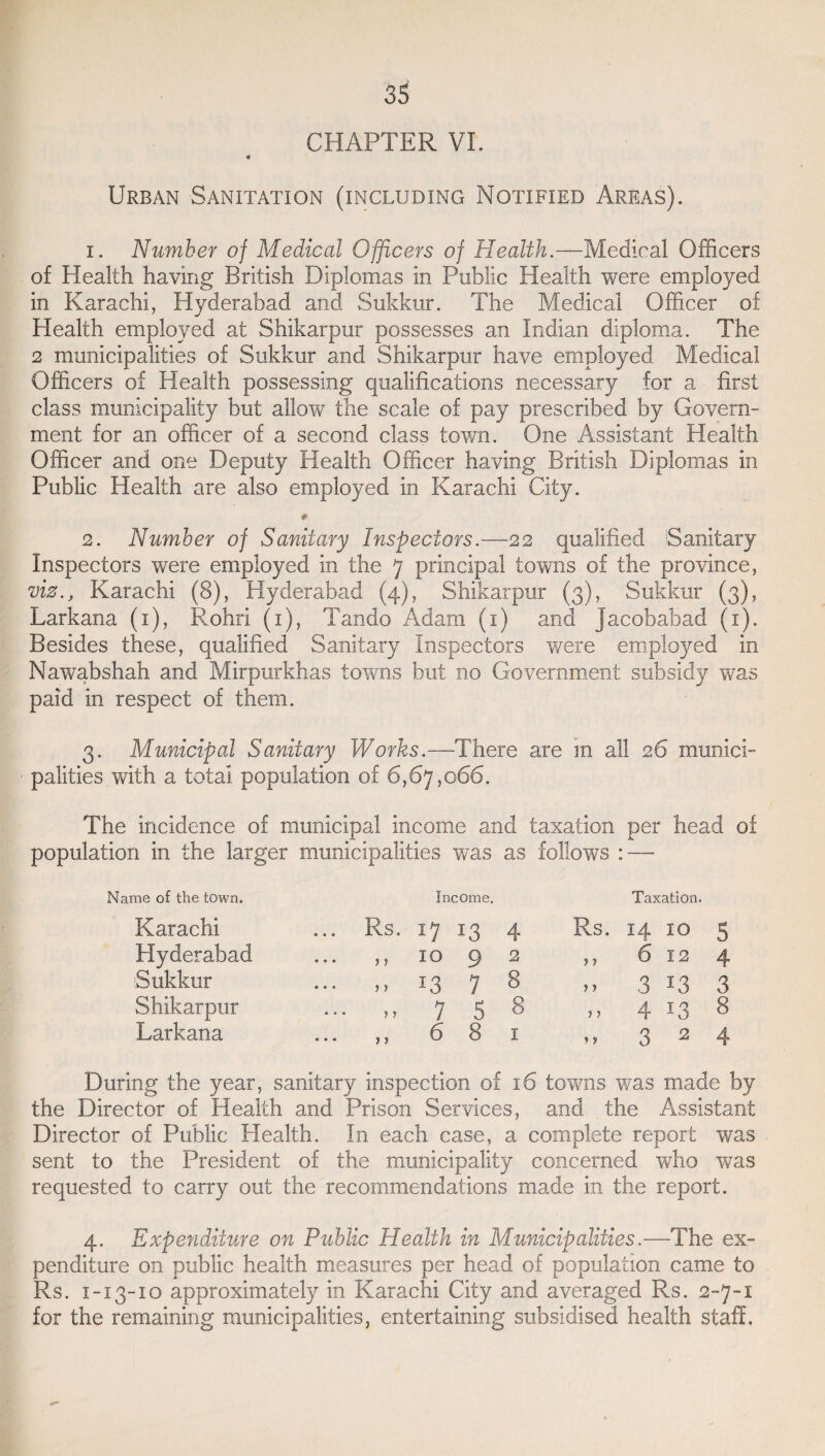 CHAPTER VI. 4 Urban Sanitation (including Notified Areas). 1. Number of Medical Officers of Health.—Medical Officers of Health having British Diplomas in Public Health were employed in Karachi, Hyderabad and Sukkur. The Medical Officer of Health employed at Shikarpur possesses an Indian diploma. The 2 municipalities of Sukkur and Shikarpur have employed Medical Officers of Health possessing qualifications necessary for a first class municipality but allow the scale of pay prescribed by Govern¬ ment for an officer of a second class town. One Assistant Health Officer and one Deputy Health Officer having British Diplomas in Public Health are also employed in Karachi City. # 2. Number of Sanitary Inspectors.—22 qualified Sanitary Inspectors were employed in the 7 principal towns of the province, viz., Karachi (8), Hyderabad (4), Shikarpur (3), Sukkur (3), Larkana (1), Rohri (1), Tando Adam (1) and Jacobabad (1). Besides these, qualified Sanitary Inspectors were employed in Nawabshah and Mirpurkhas towns but no Government subsidy was paid in respect of them. 3. Municipal Sanitary Works.—There are m all 26 munici¬ palities with a total population of 6,67,066. The incidence of municipal income and taxation per head of population in the larger municipalities was as follows : — Name of the town. Karachi Hyderabad Sukkur Shikarpur Larkana Income. Rs. 17 13 4 ,, 10 9 2 >» 13 7 8 7 5 8 Taxation. Rs. 14 10 5 ,, 6 12 4 » 3 13 3 ,, 4 13 8 M 3 2 4 During the year, sanitary inspection of 16 towns was made by the Director of Health and Prison Services, and the Assistant Director of Public Health. In each case, a complete report was sent to the President of the municipality concerned who was requested to carry out the recommendations made in the report. 4. Expenditure on Public Health in Municipalities.—The ex¬ penditure on public health measures per head of population came to Rs. 1-13-10 approximately in Karachi City and averaged Rs. 2-7-1 for the remaining municipalities, entertaining subsidised health staff.