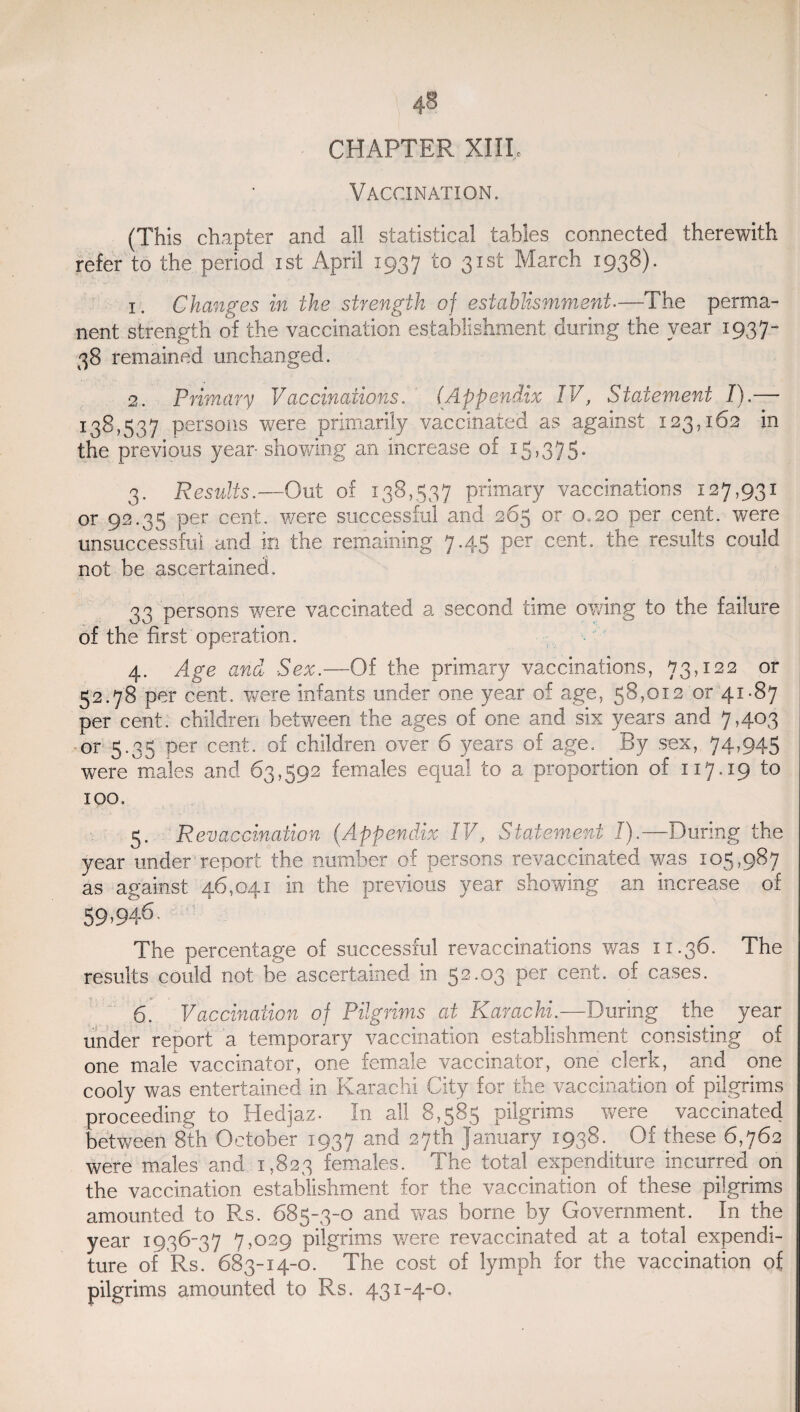 CHAPTER XIII, Vaccination. (This chapter and all statistical tables connected therewith refer to the period ist April 1937 to 31st March 1938). 1. Changes in the strength of establismrnent.—The perma¬ nent strength of the vaccination establishment during the year 1937- 38 remained unchanged. 2. Primary Vaccinations. (Appendix IV, Statement I).— 138,537 persons were primarily vaccinated as against 123,162 in the previous year- showing an increase of 15,375. 3. Results.—Out of 138,537 primary vaccinations 127,931 or 92.35 per cent, were successful and 265 or 0,20 per cent, were unsuccessful and in the remaining 7.45 per cent, the results could not be ascertained. 33 persons were vaccinated a second time owing to the failure of the first'operation. 4. Age and Sex.—Of the primary vaccinations, 73,122 or 52.78 per cent, were infants under one year of age, 58,012 or 41-87 per cent, children between the ages of one and six years and 7,403 or 5.35 per cent, of children over 6 years of age. By sex, 74,945 were males and 63,592 females equal to a proportion of 117.19 to 100. 5. Revaccination (Appendix IV, Statement I).—During the year under report the number of persons revaccinated was 105,987 as against 46,041 in the previous year showing an increase of 59,946, The percentage of successful revaccinations was 11.36. The results could not be ascertained in 52.03 per cent, of cases. 6. Vaccination of Pilgrims at Karachi.—During the year under report a temporary vaccination establishment consisting of one male vaccinator, one female vaccinator, one clerk, and one cooly was entertained in Karachi City for the vaccination of pilgrims proceeding to Hedjaz- In all 8,585 pilgrims were vaccinated between 8th October 1937 and 27th January 1938. Of these 6,762 were males and 1,823 females. The total expenditure incurred on the vaccination establishment for the vaccination of these pilgrims amounted to Rs. 685-3-0 and was borne by Government. In the year 1936-37 7,029 pilgrims were revaccinated at a total expendi¬ ture of Rs. 683-14-0. The cost of lymph for the vaccination of pilgrims amounted to Rs. 431-4-0.