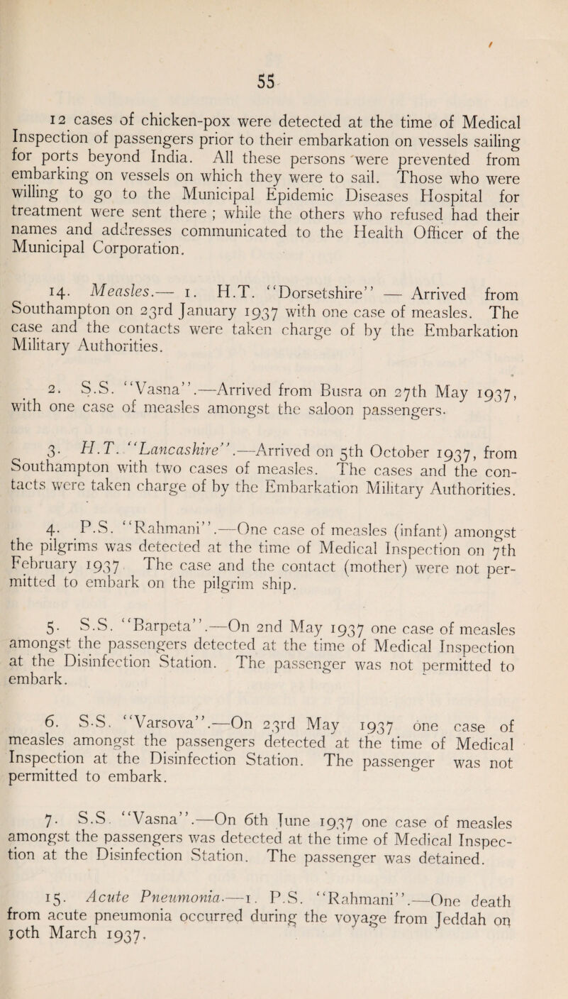 / 12 cases of chicken-pox were detected at the time of Medical Inspection of passengers prior to their embarkation on vessels sailing for ports beyond India. All these persons 'were prevented from embarking on vessels on which they were to sail. Those who were willing to go to the Municipal Epidemic Diseases Elospital for treatment were sent there ; while the others who refused had their names and addresses communicated to the Health Officer of the Municipal Corporation. 14. Measles.— 1. H.T. “Dorsetshire” — Arrived from Southampton on 23rd January 1937 with one case of measles. The case and the contacts were taken charge of by the Embarkation Military Authorities. 2* S.S. Vasna .—Arrived from Busra on 27th May 1937, with one case of measles amongst the saloon passengers- 3- H.T. Lancashire .—Arrived on 5th October 1937* from Southampton with two cases of measles. The cases and the con¬ tacts were taken charge of by the Embarkation Military Authorities. 4. P.S. “Rahmani”.—One case of measles (infant) amongst the pilgrims was detected at the time of Medical Inspection on 7th February 1937 The case and the contact (mother) were not per¬ mitted to embark on the pilgrim ship. 5. S.S. “Barpeta”.—On 2nd May 1937 one case of measles amongst the passengers detected at the time of Medical Inspection at the Disinfection Station. The passenger was not permitted to embark. 6. S-S. Varsova .—On 23rd May 1937 one case of measles amongst the passengers detected at the time of Medical Inspection at the Disinfection Station. The passenger was not permitted to embark. 7. S.S. “Vasna”.—On 6th Tune 1937 one case of measles amongst the passengers was detected at the time of Medical Inspec¬ tion at the Disinfection Station. The passenger was detained. 15. Acute Pneumonia-—1. P.S. “Rahmani”.—One death from acute pneumonia occurred during the voyage from Jeddah on joth March 1937,